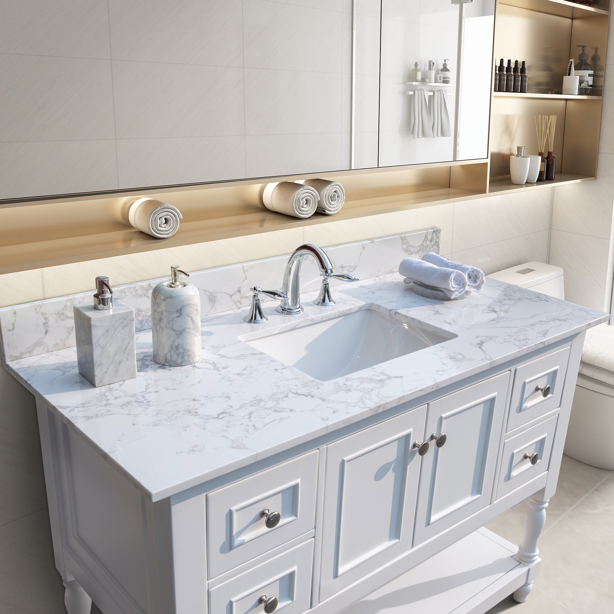 31 in./ 37 in./ 43 in./ 49 in./ Carrara White Engineered Stone Bathroom Vanity Top with Ceramic Sink