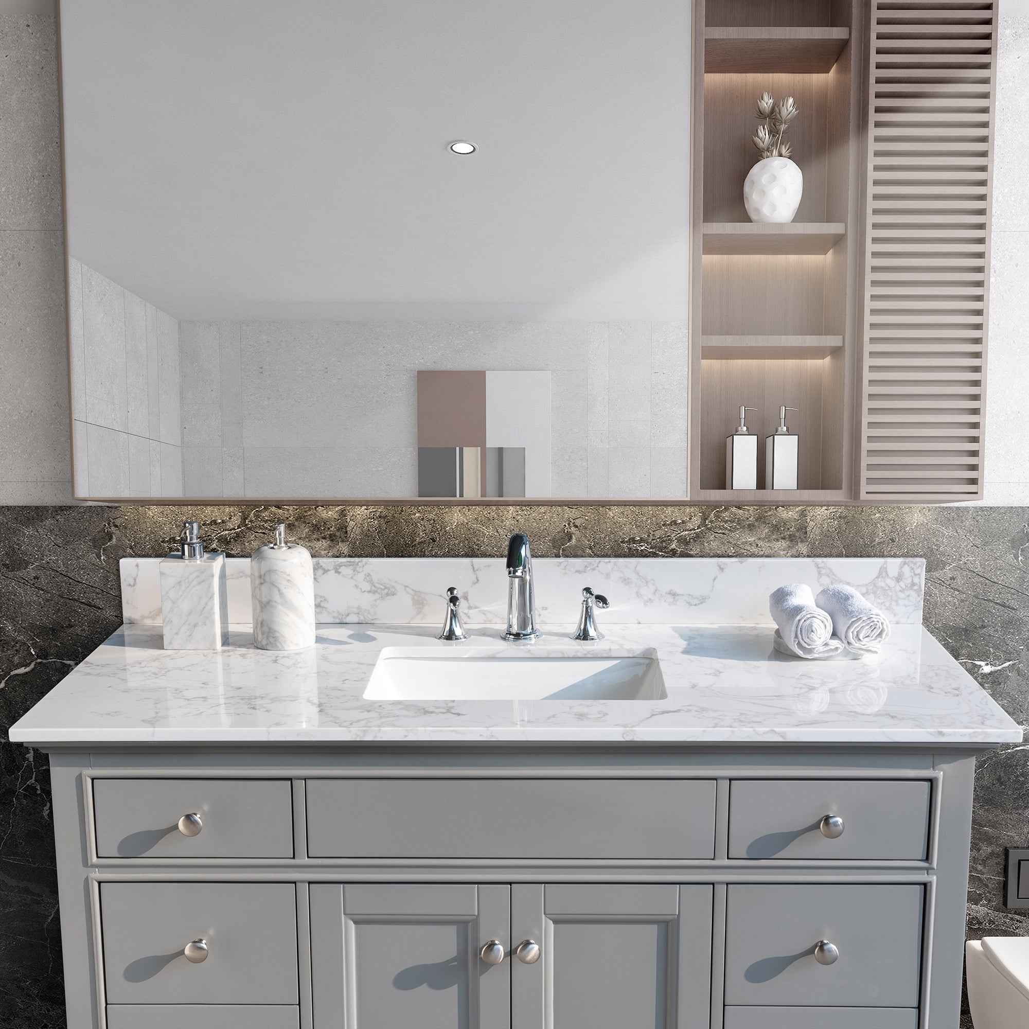 31 in./ 37 in./ 43 in./ 49 in./ Carrara White Engineered Stone Bathroom Vanity Top with Ceramic Sink