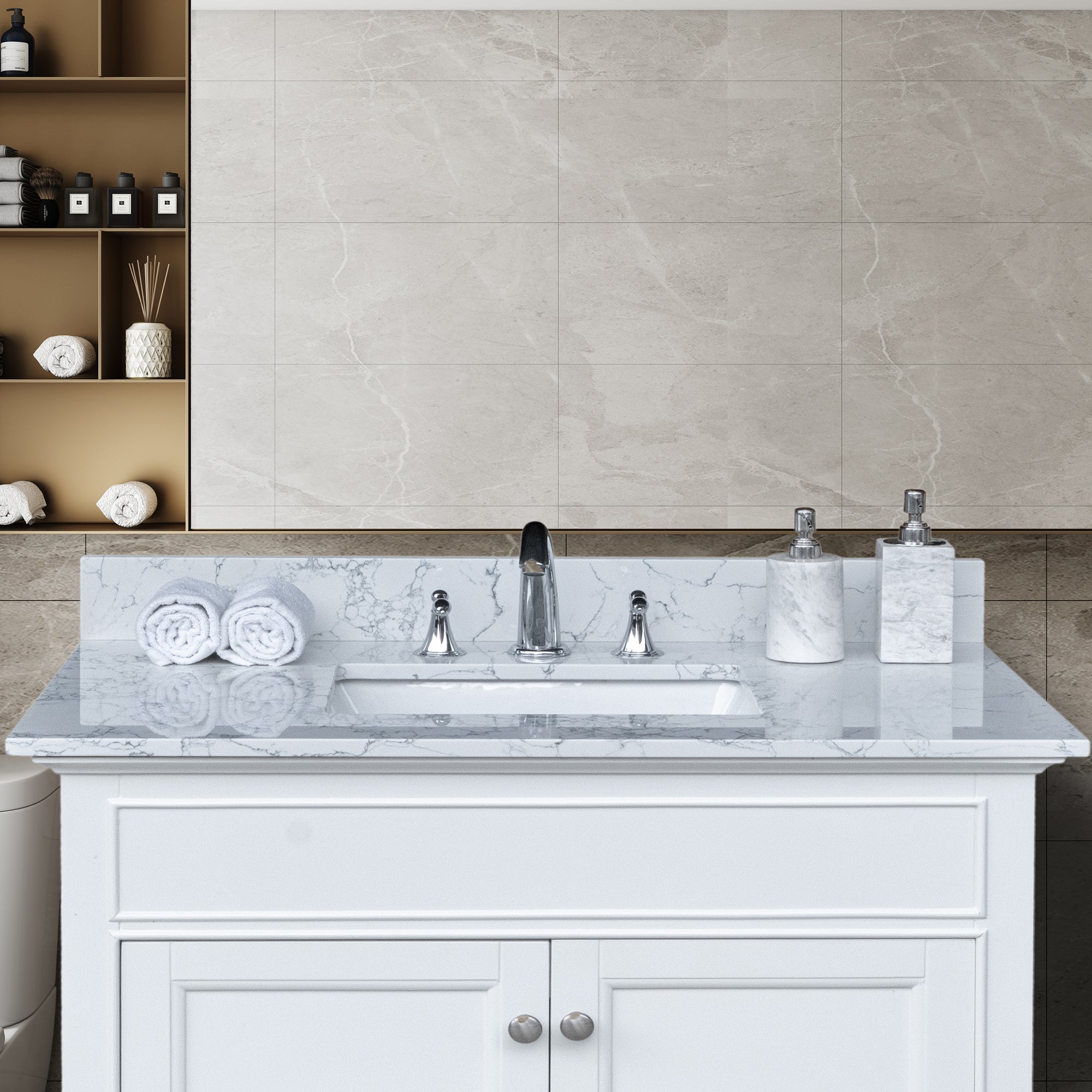31 in./ 37 in./ 43 in./ 49 in./ Carrara Jade Engineered Stone Bathroom Vanity Top with Ceramic Sink