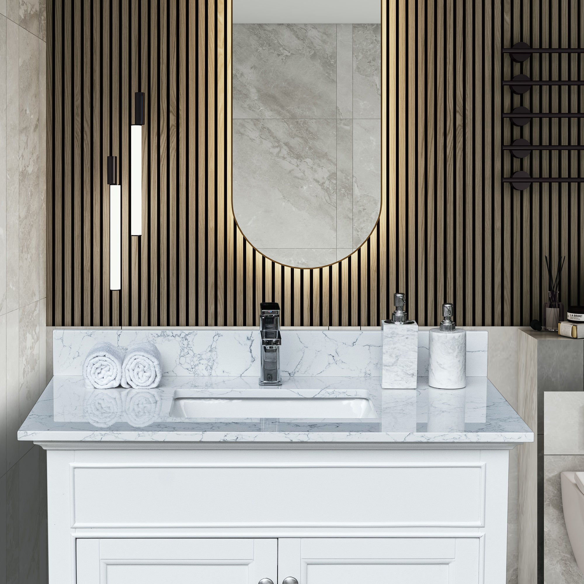 31 in./ 37 in./ 43 in./ 49 in./ Carrara Jade Engineered Stone Bathroom Vanity Top with Ceramic Sink