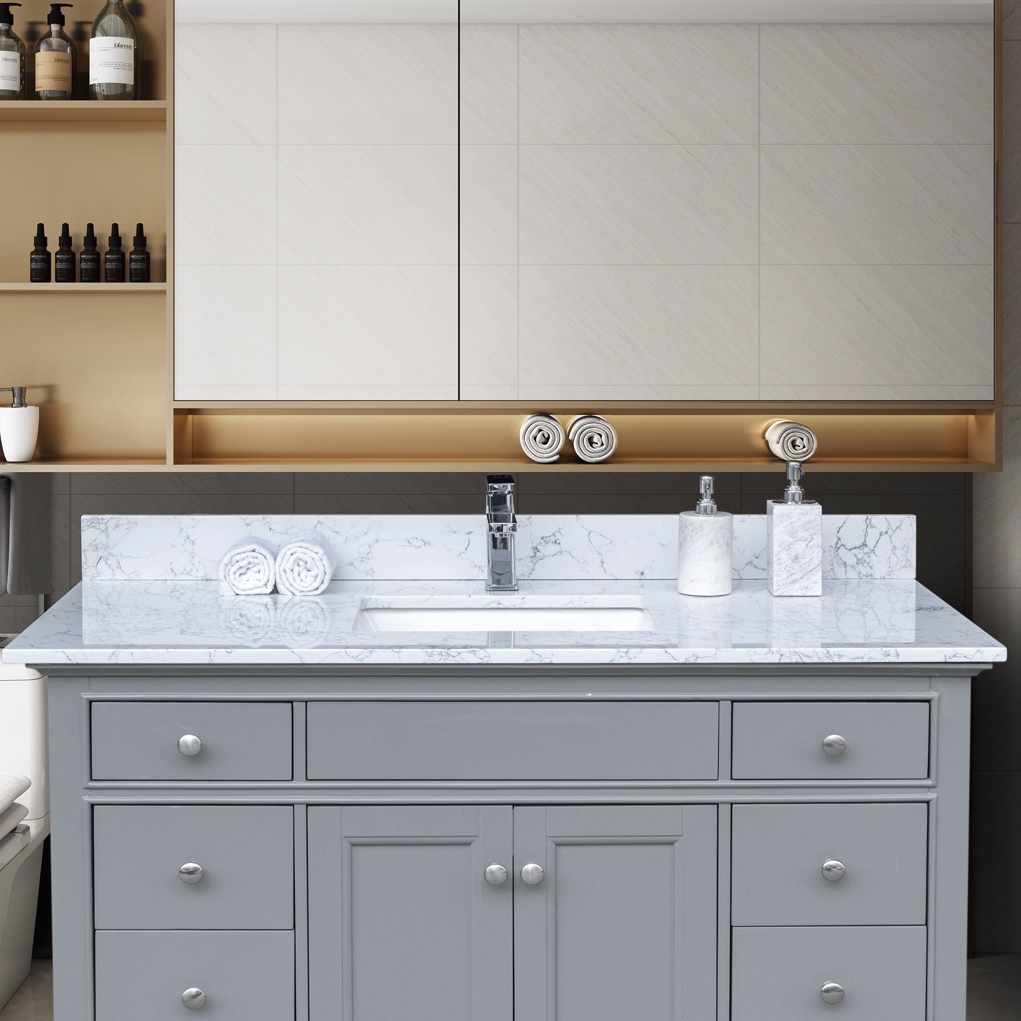 31 in./ 37 in./ 43 in./ 49 in./ Carrara Jade Engineered Stone Bathroom Vanity Top with Ceramic Sink