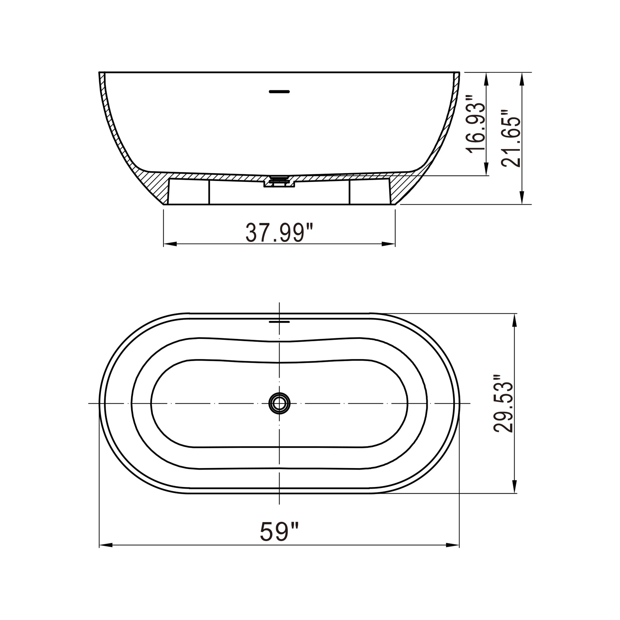 59 in. Solid Surface Double Slipper Freestanding Flat-bottom Soaking Bathtub in Matte White