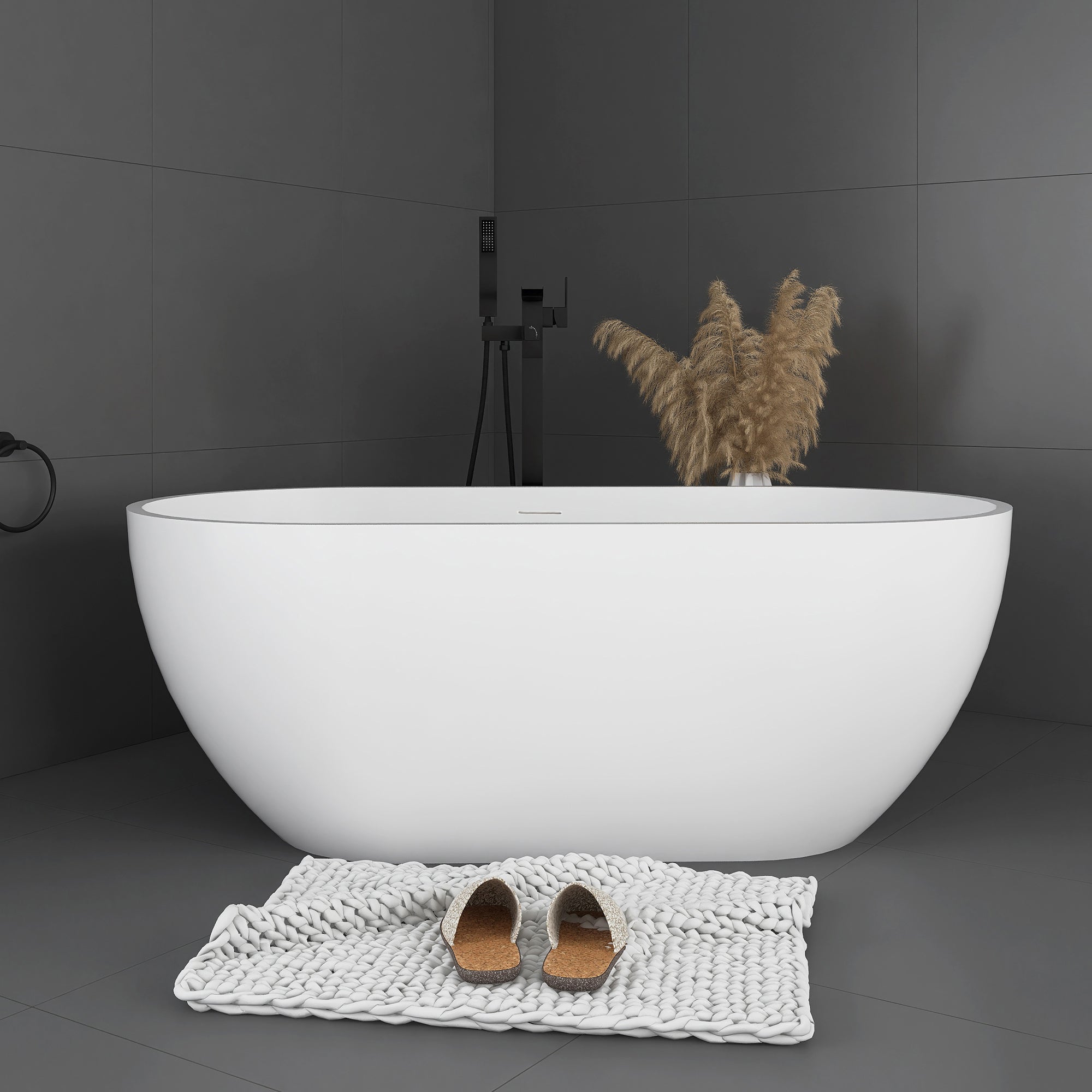 59 in. Solid Surface Double Slipper Freestanding Flat-bottom Soaking Bathtub in Matte White