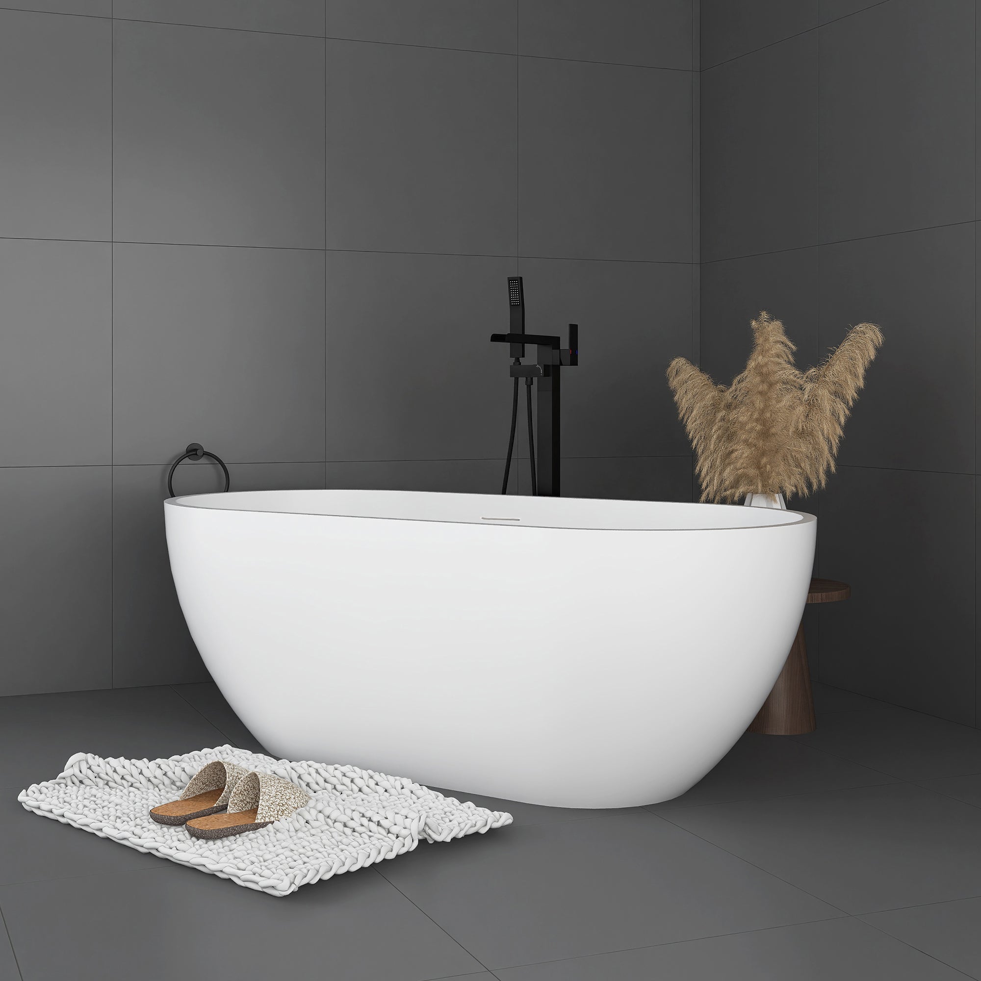 59 in. Solid Surface Double Slipper Freestanding Flat-bottom Soaking Bathtub in Matte White