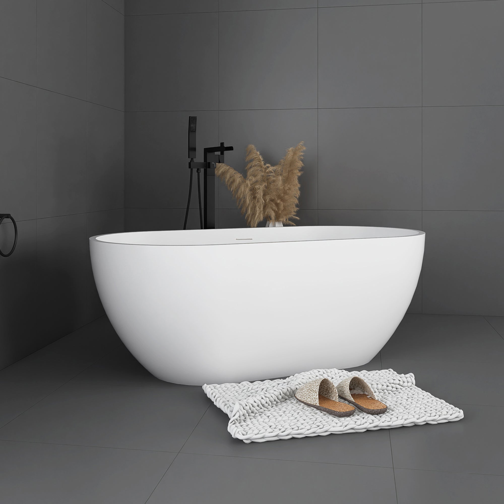 59 in. Solid Surface Double Slipper Freestanding Flat-bottom Soaking Bathtub in Matte White