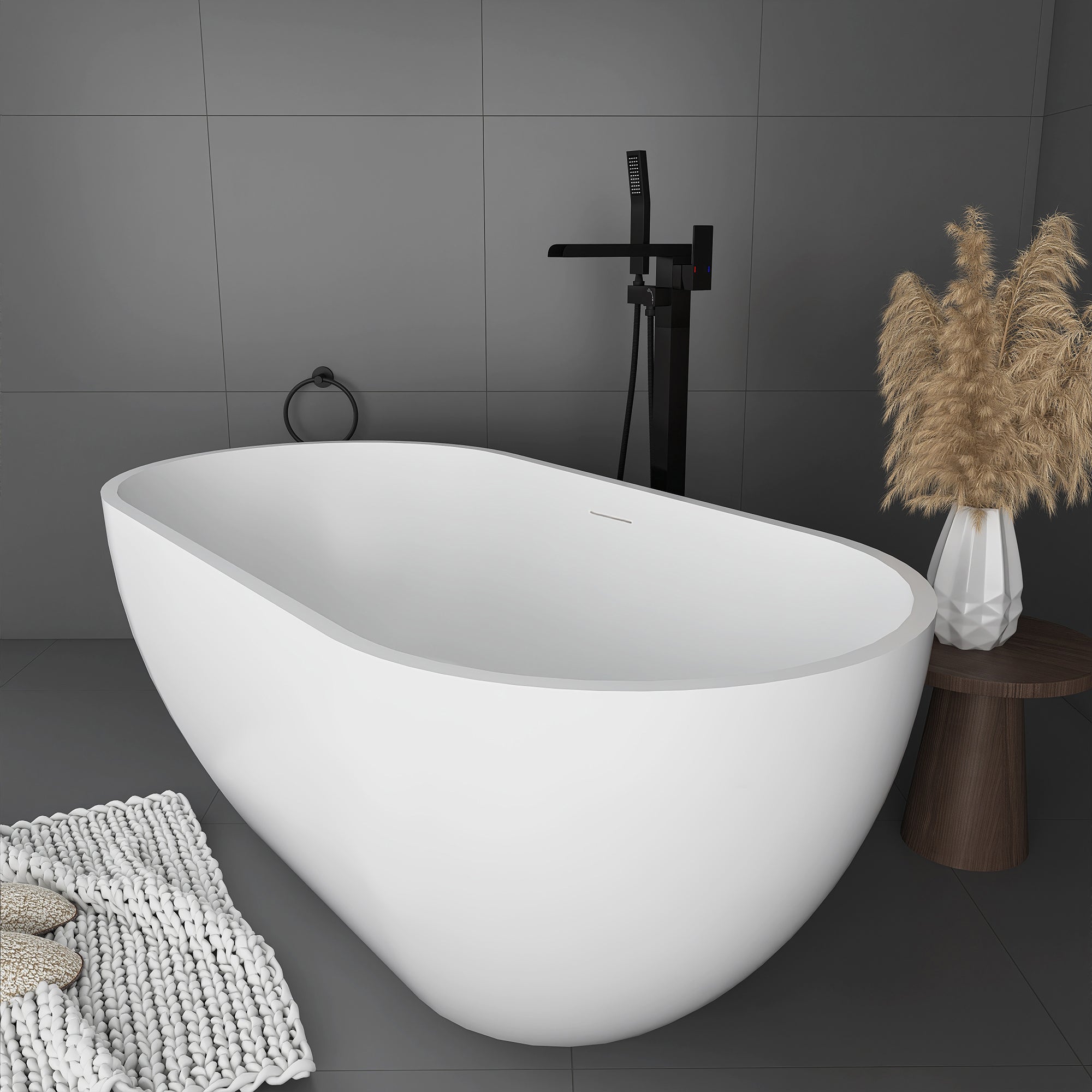 59 in. Solid Surface Double Slipper Freestanding Flat-bottom Soaking Bathtub in Matte White