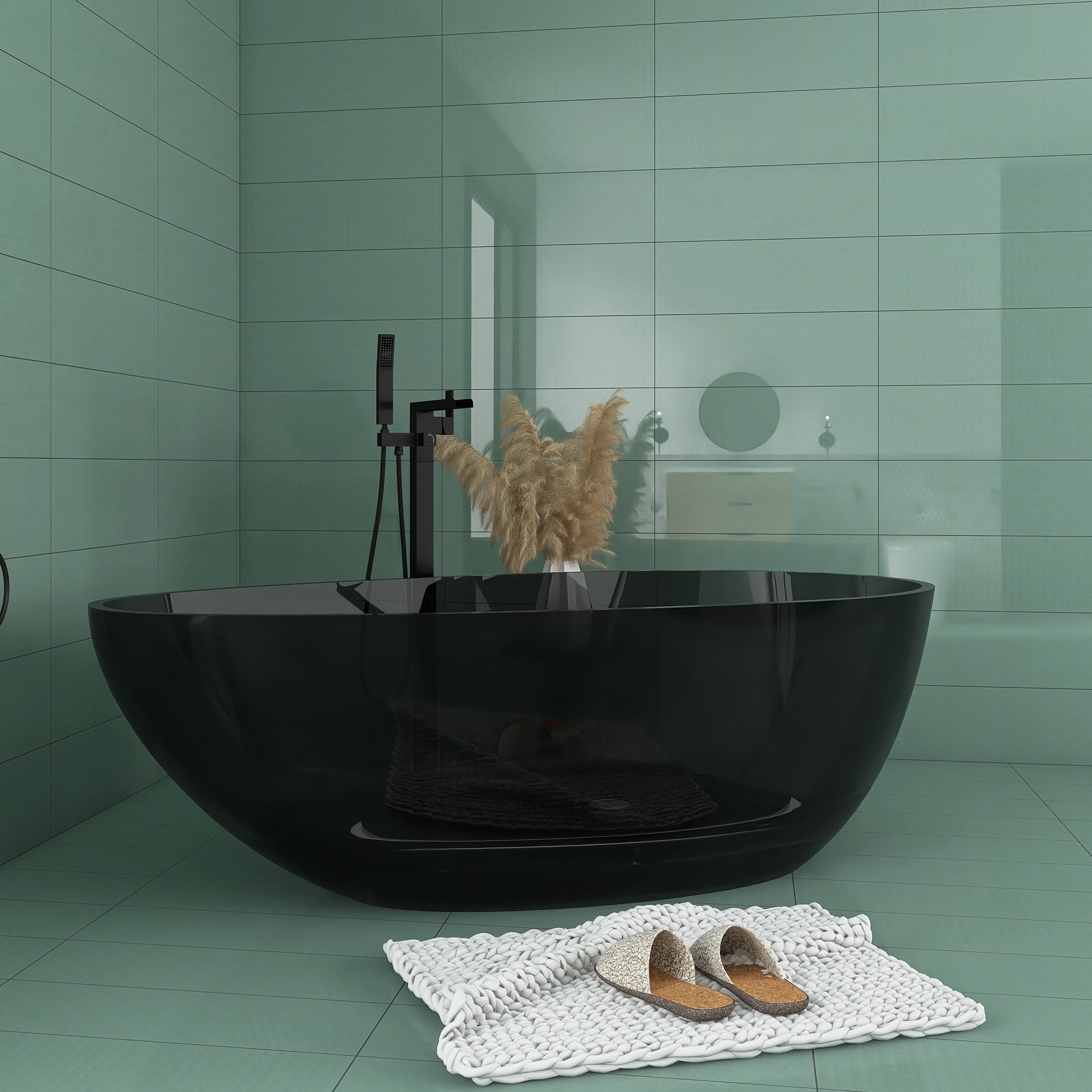 59 in. Solid Surface Double Slipper Freestanding Flat-bottom Soaking Bathtub in Matte White