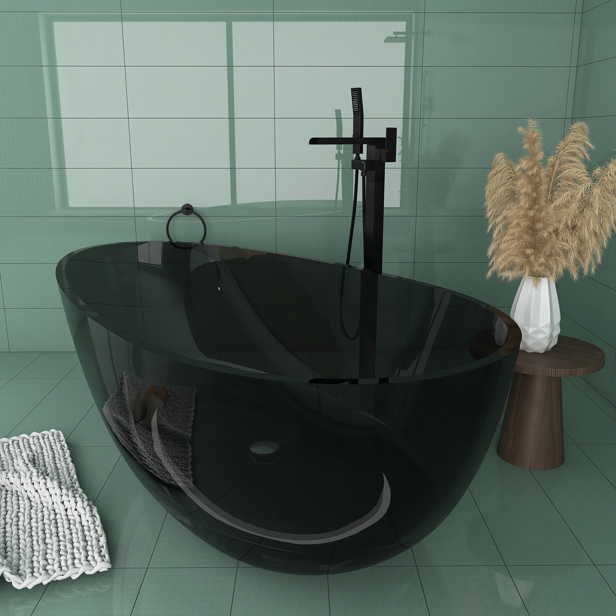 59 in. Solid Surface Double Slipper Freestanding Flat-bottom Soaking Bathtub in Matte White