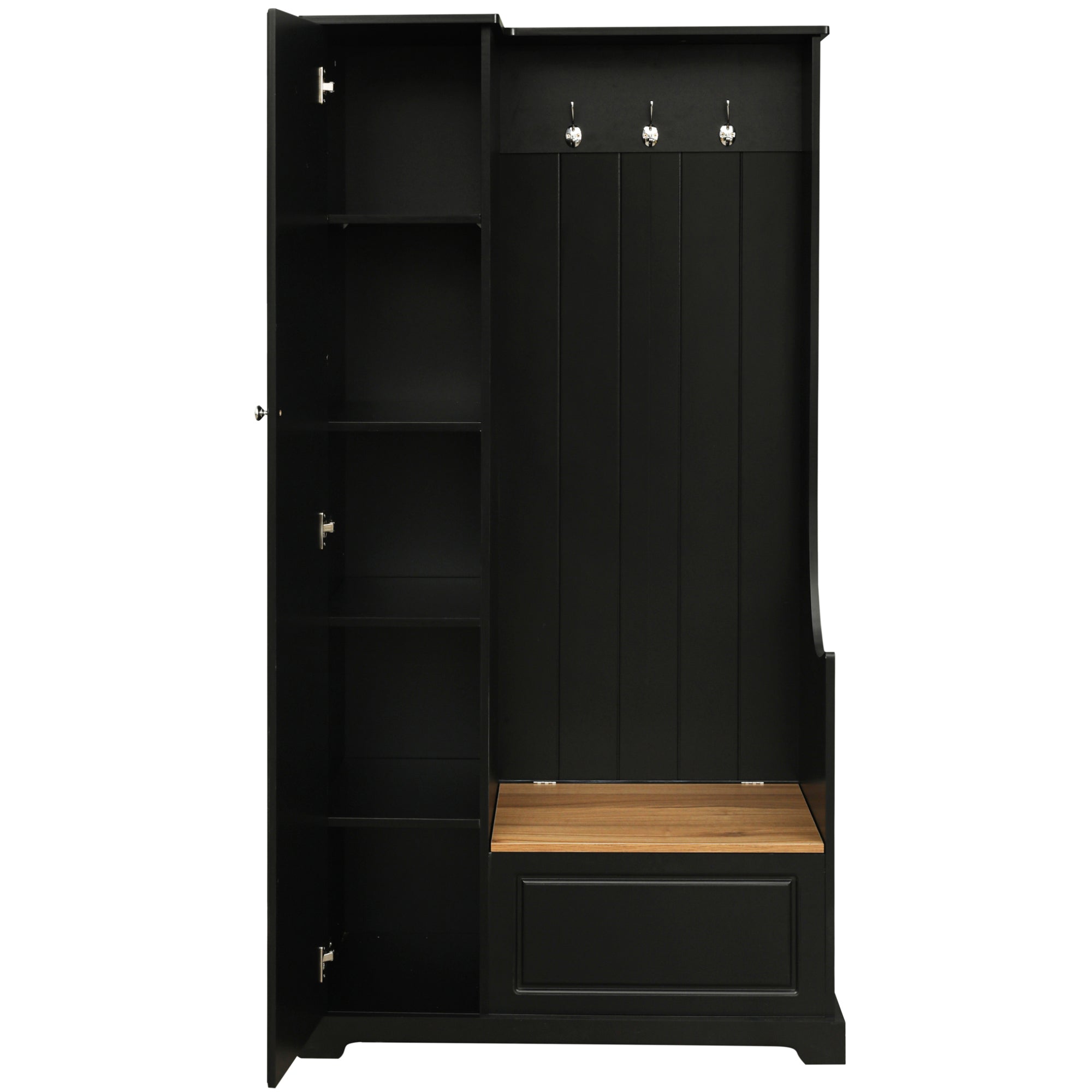 35 Inch MDF Multifunctional Hall Tree with Adjustable Shelves and Hanging Hooks