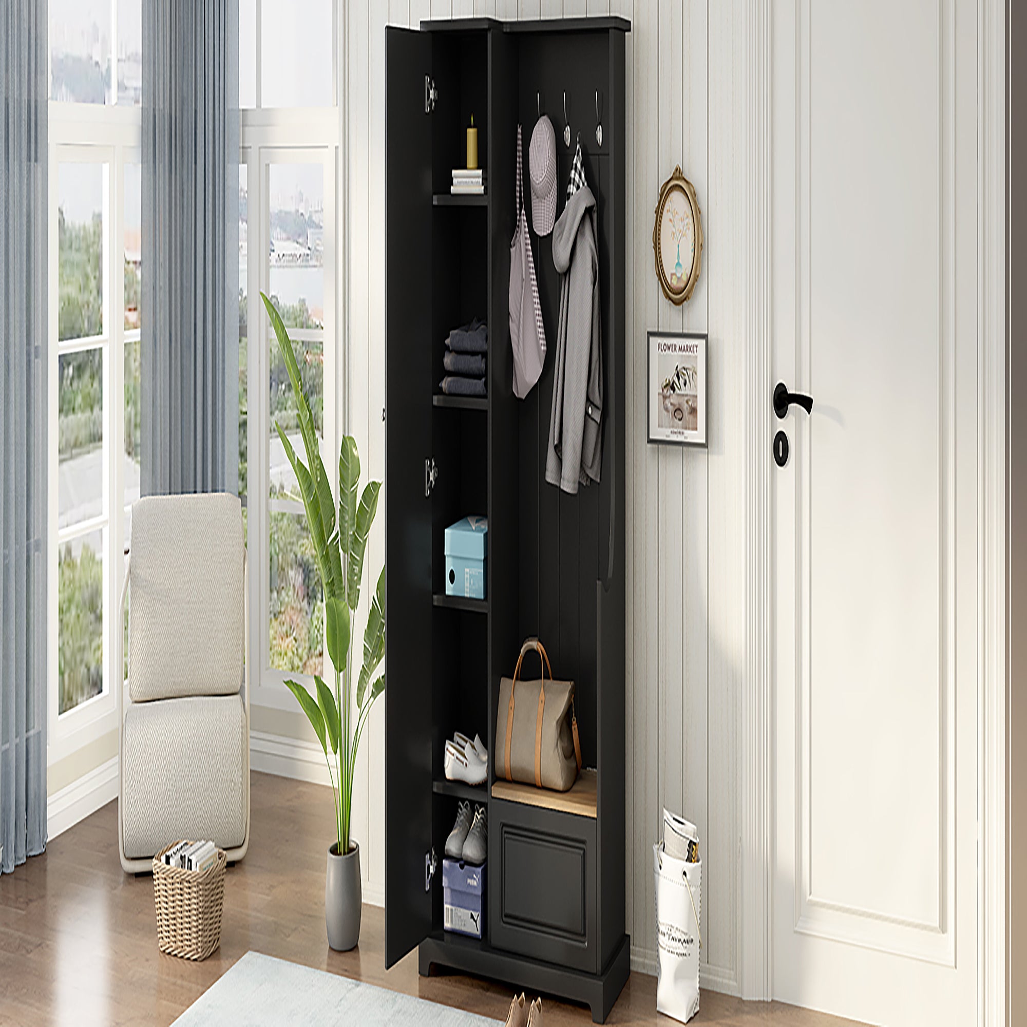 35 Inch MDF Multifunctional Hall Tree with Adjustable Shelves and Hanging Hooks