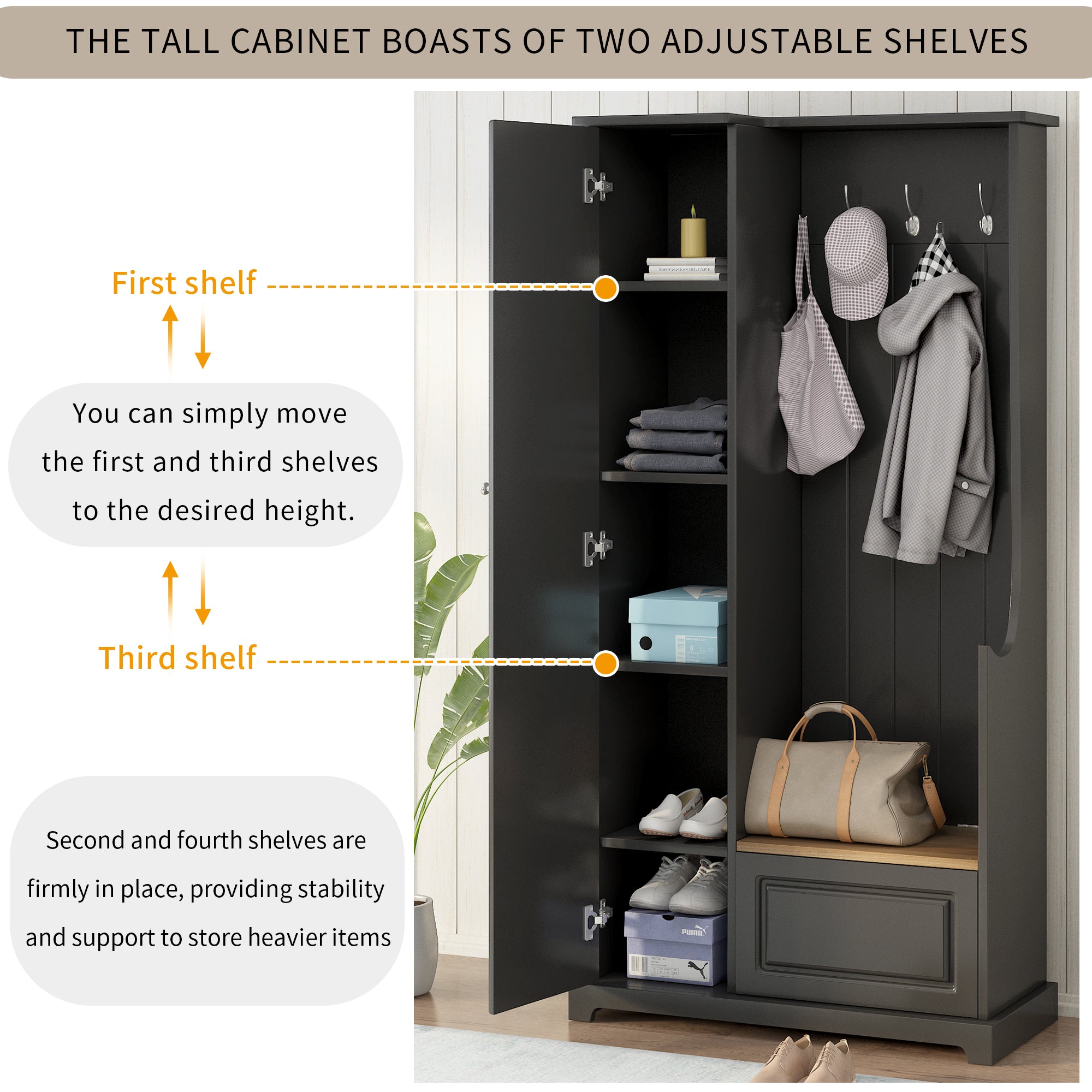 35 Inch MDF Multifunctional Hall Tree with Adjustable Shelves and Hanging Hooks