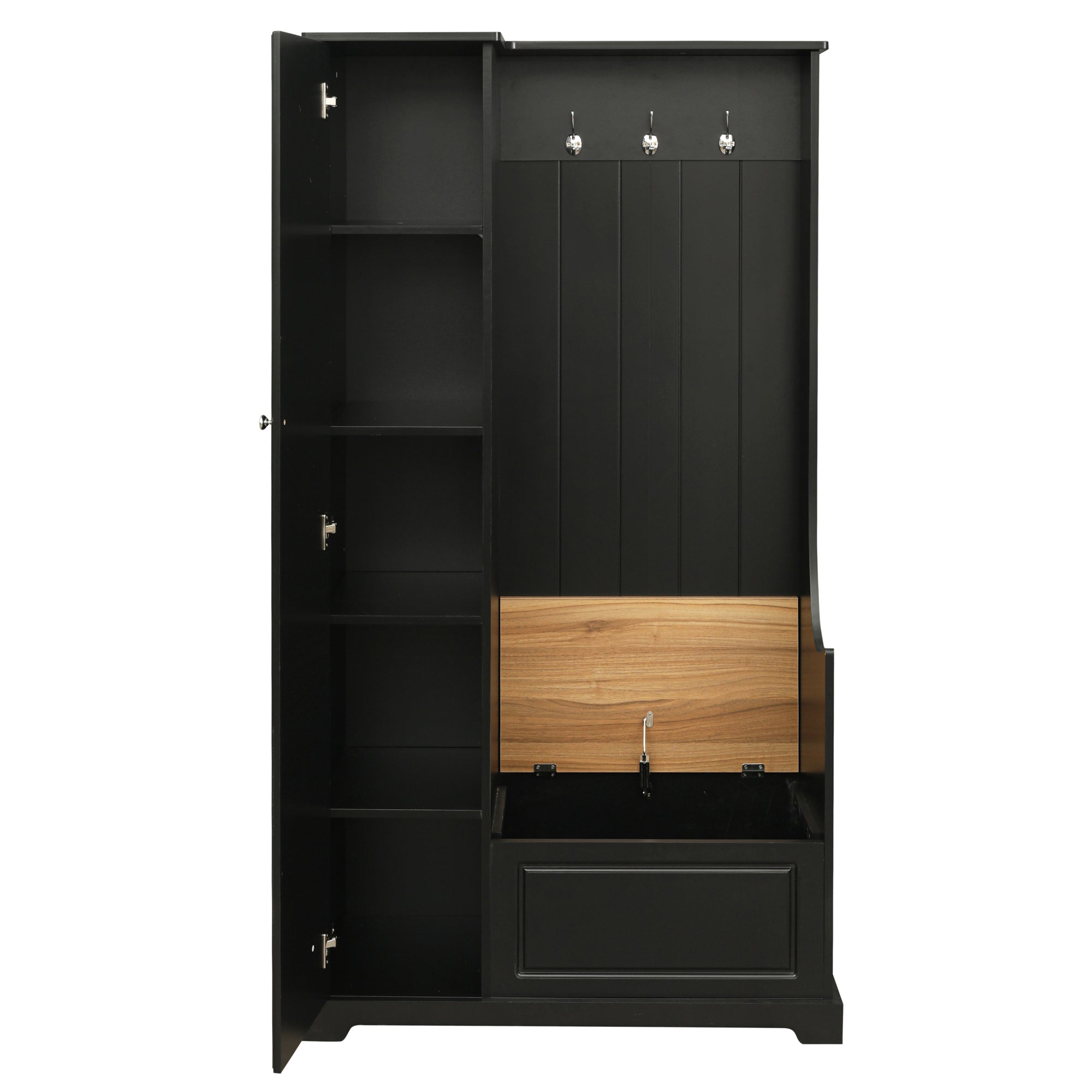 35 Inch MDF Multifunctional Hall Tree with Adjustable Shelves and Hanging Hooks