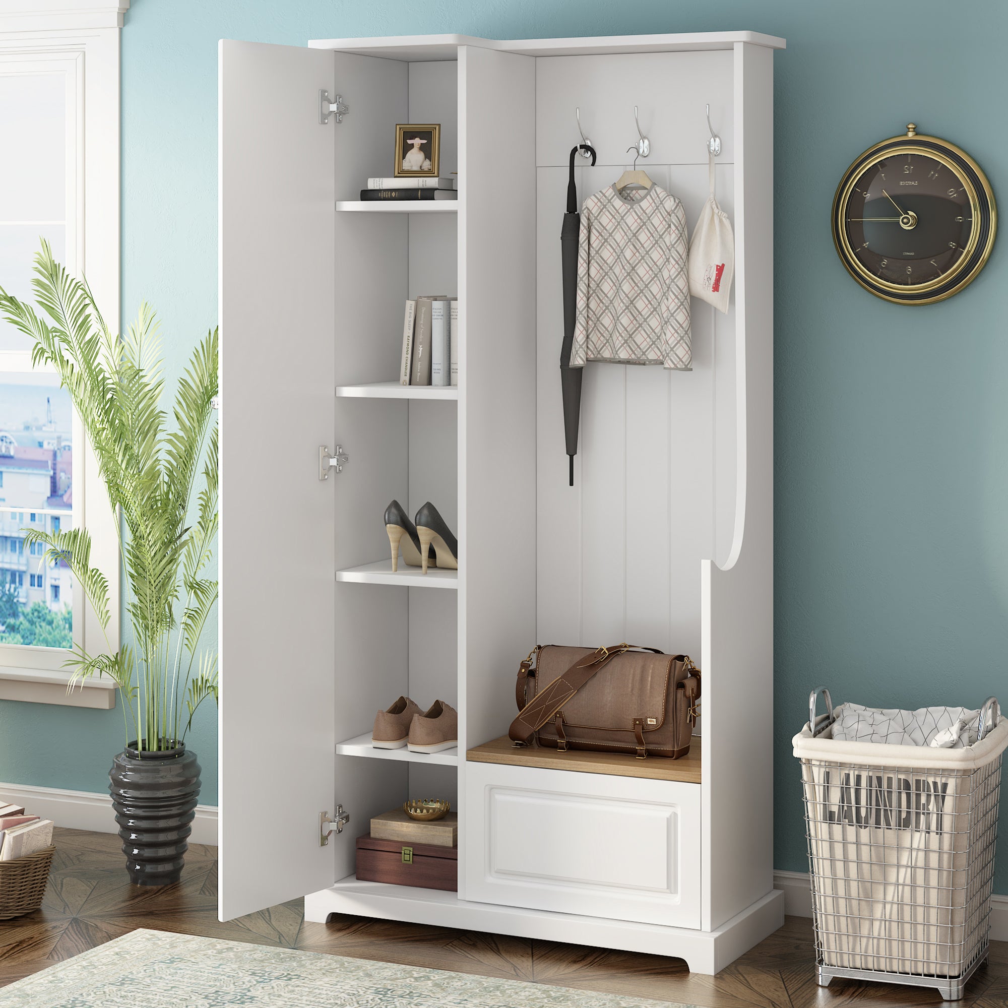 35 Inch MDF Multifunctional Hall Tree with Adjustable Shelves and Hanging Hooks