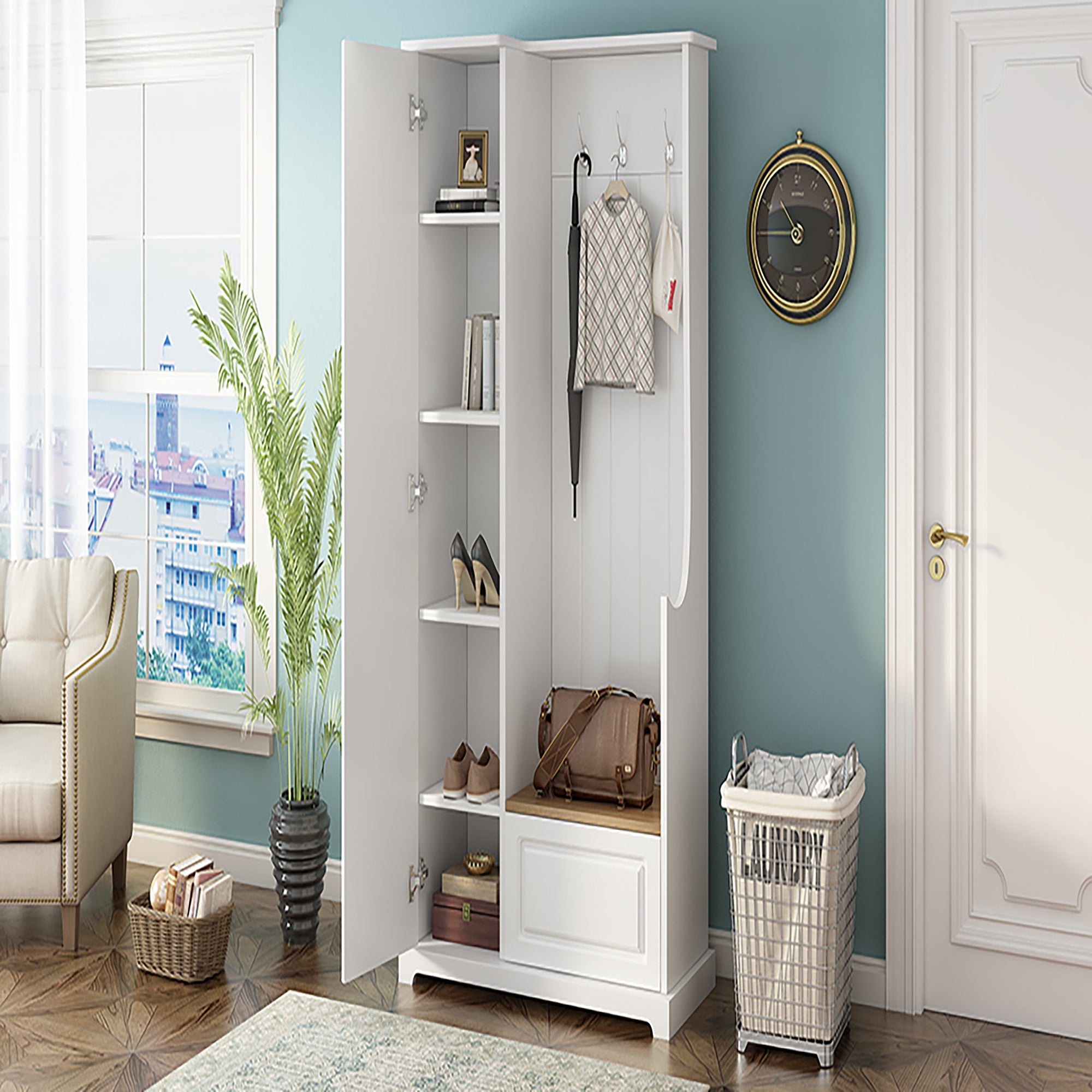 35 Inch MDF Multifunctional Hall Tree with Adjustable Shelves and Hanging Hooks