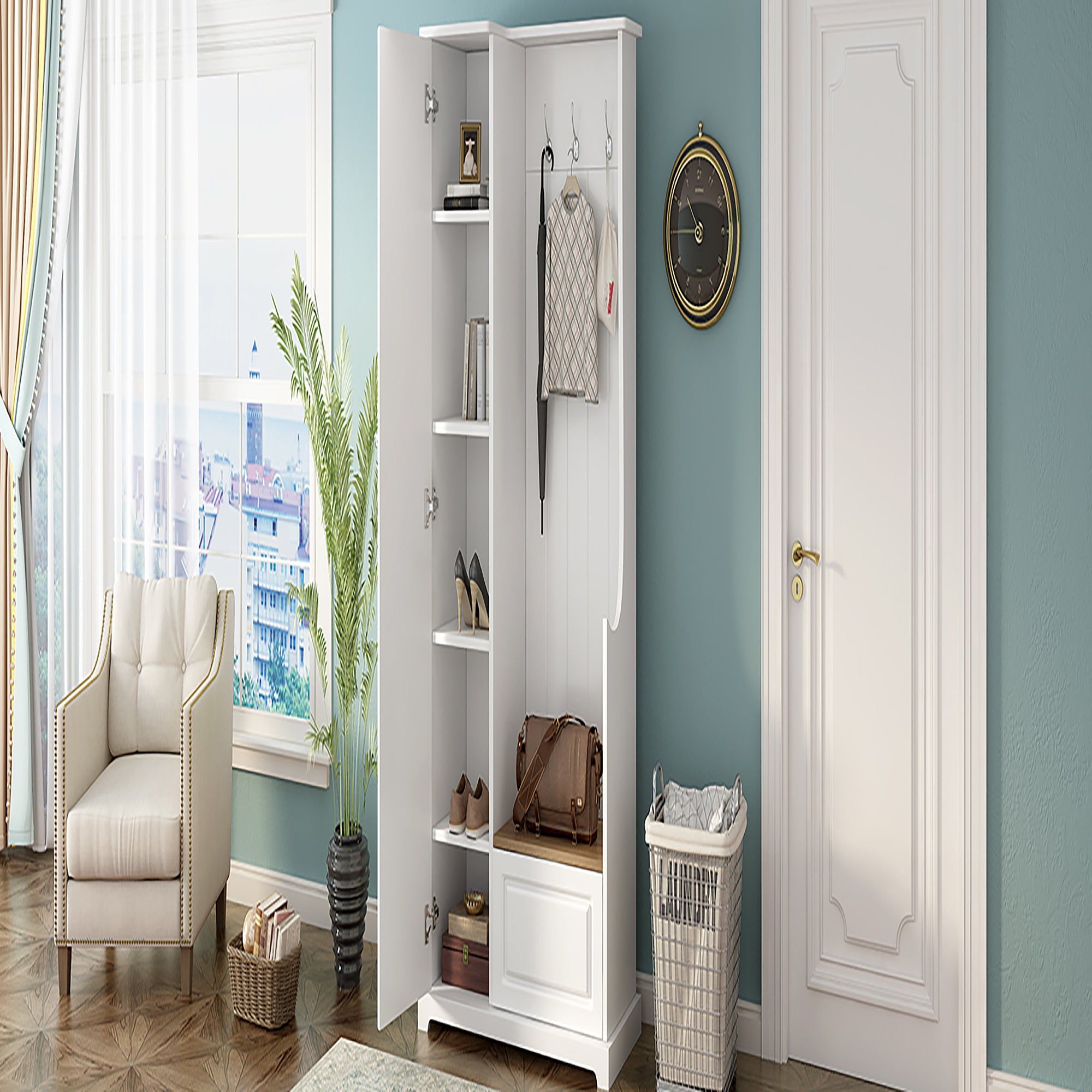 35 Inch MDF Multifunctional Hall Tree with Adjustable Shelves and Hanging Hooks