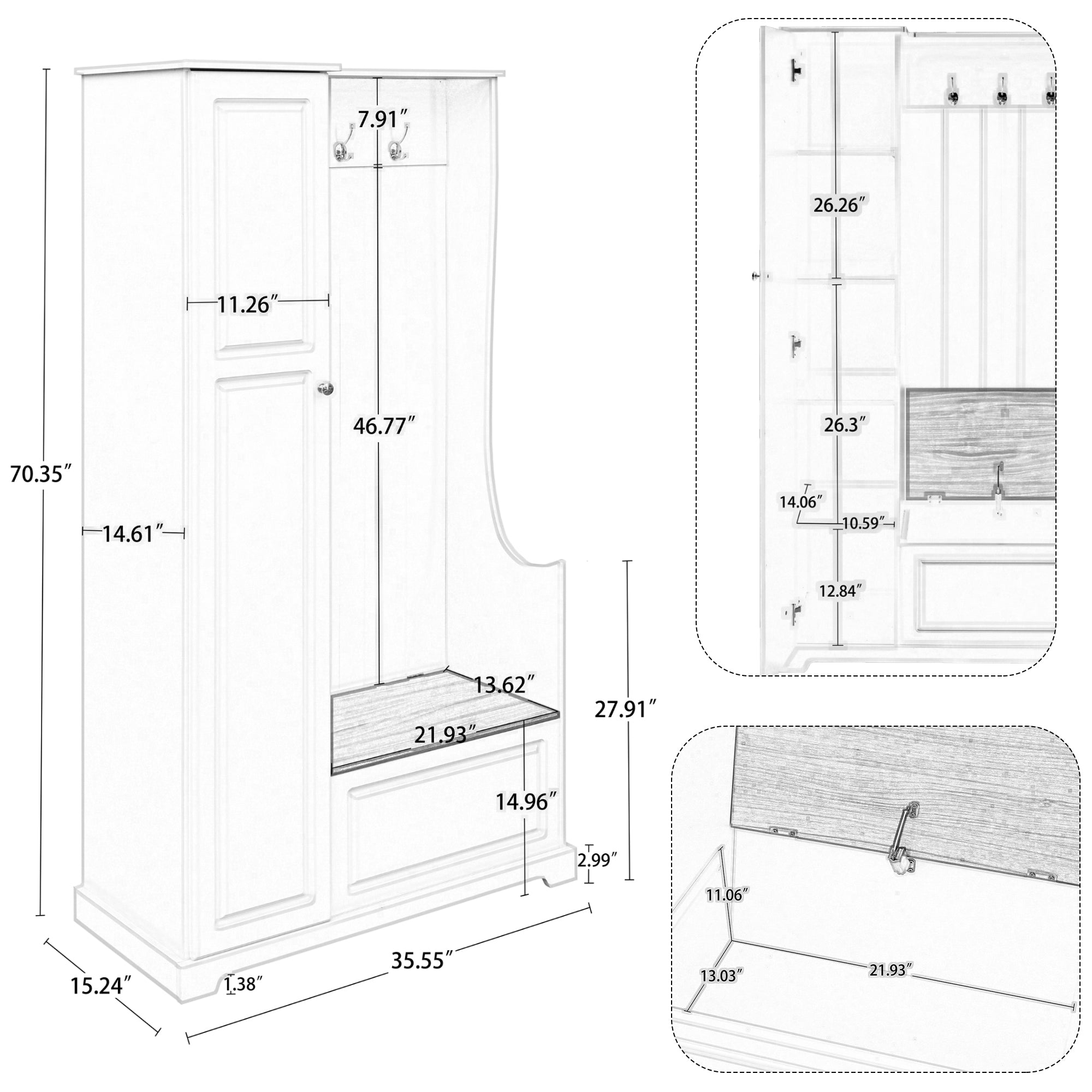 35 Inch MDF Multifunctional Hall Tree with Adjustable Shelves and Hanging Hooks