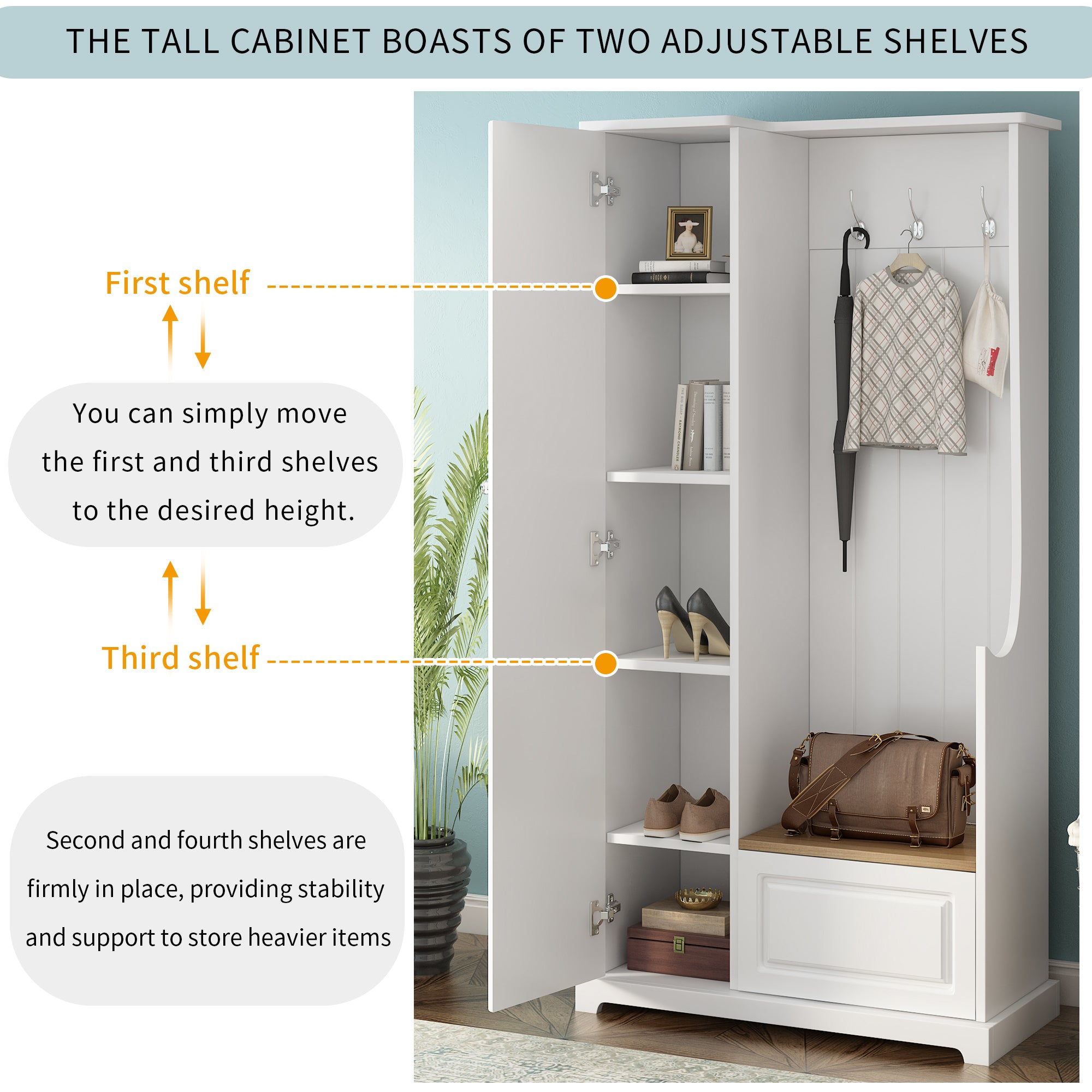 35 Inch MDF Multifunctional Hall Tree with Adjustable Shelves and Hanging Hooks