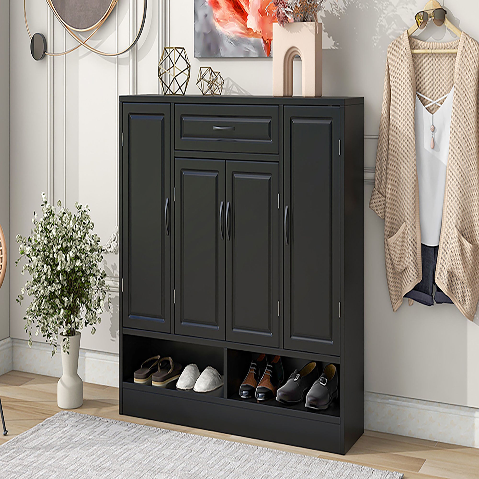 47 Inch Particle Board Modern Shoe Cabinet with Adjustable Shelves and Doors