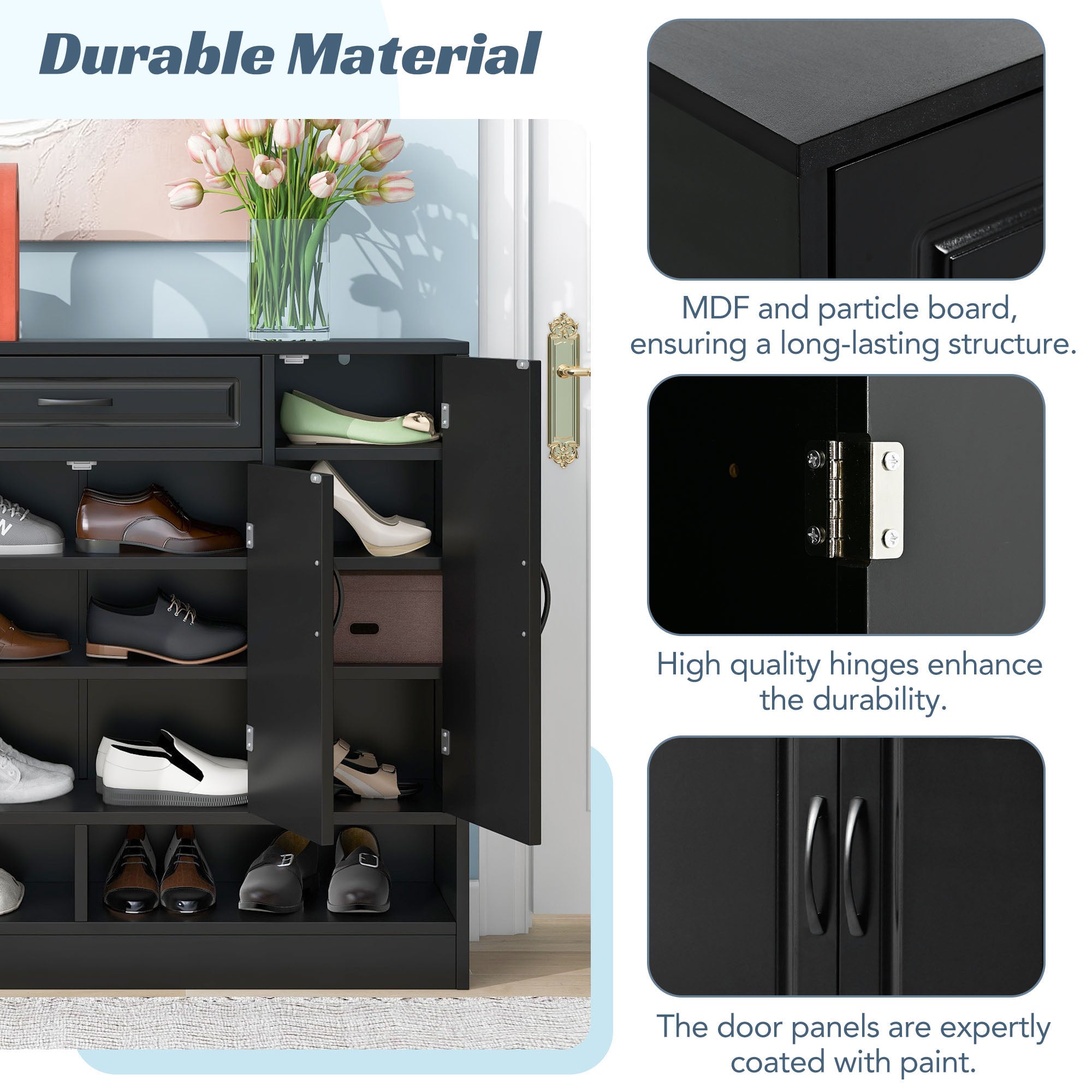 47 Inch Particle Board Modern Shoe Cabinet with Adjustable Shelves and Doors