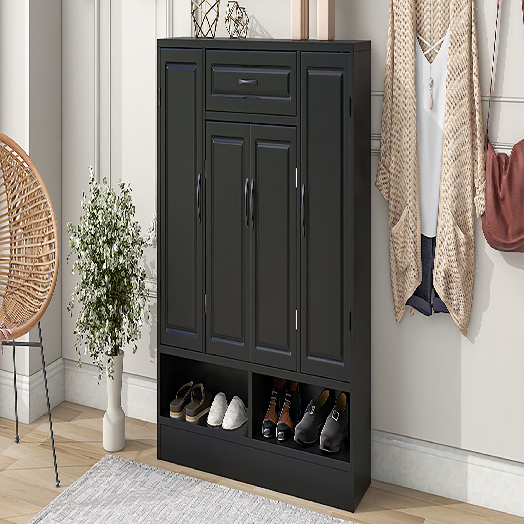 47 Inch Particle Board Modern Shoe Cabinet with Adjustable Shelves and Doors