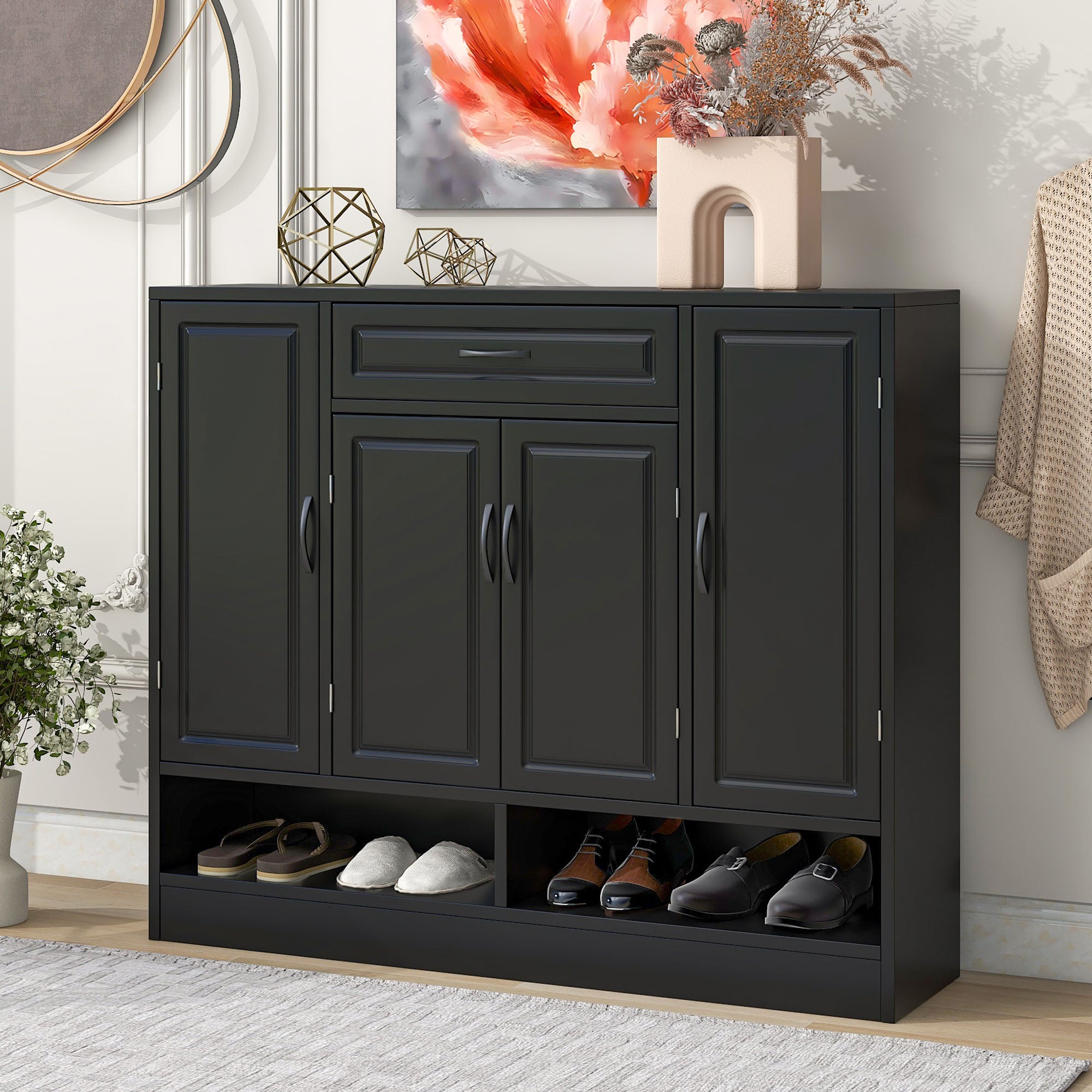 47 Inch Particle Board Modern Shoe Cabinet with Adjustable Shelves and Doors