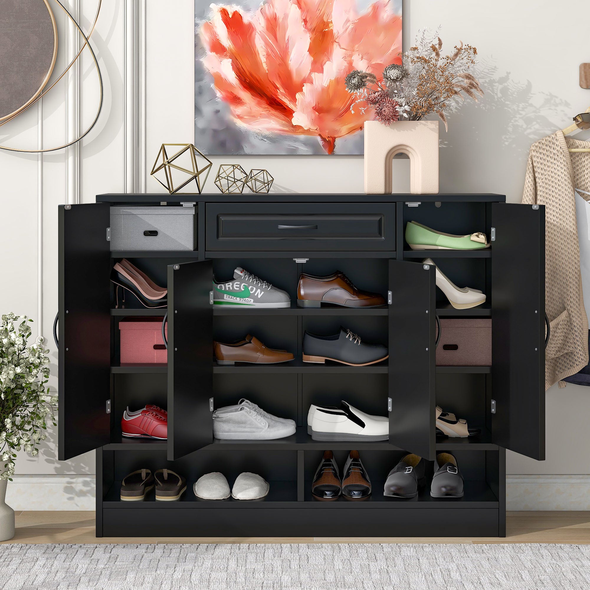 47 Inch Particle Board Modern Shoe Cabinet with Adjustable Shelves and Doors
