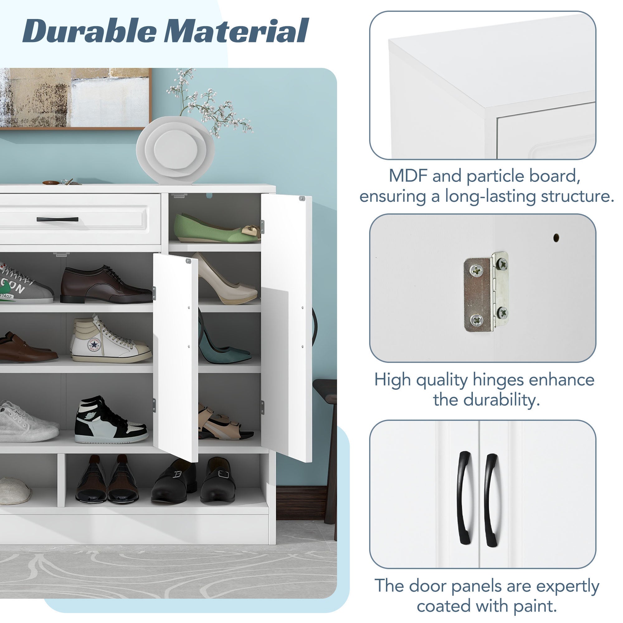 47 Inch Particle Board Modern Shoe Cabinet with Adjustable Shelves and Doors