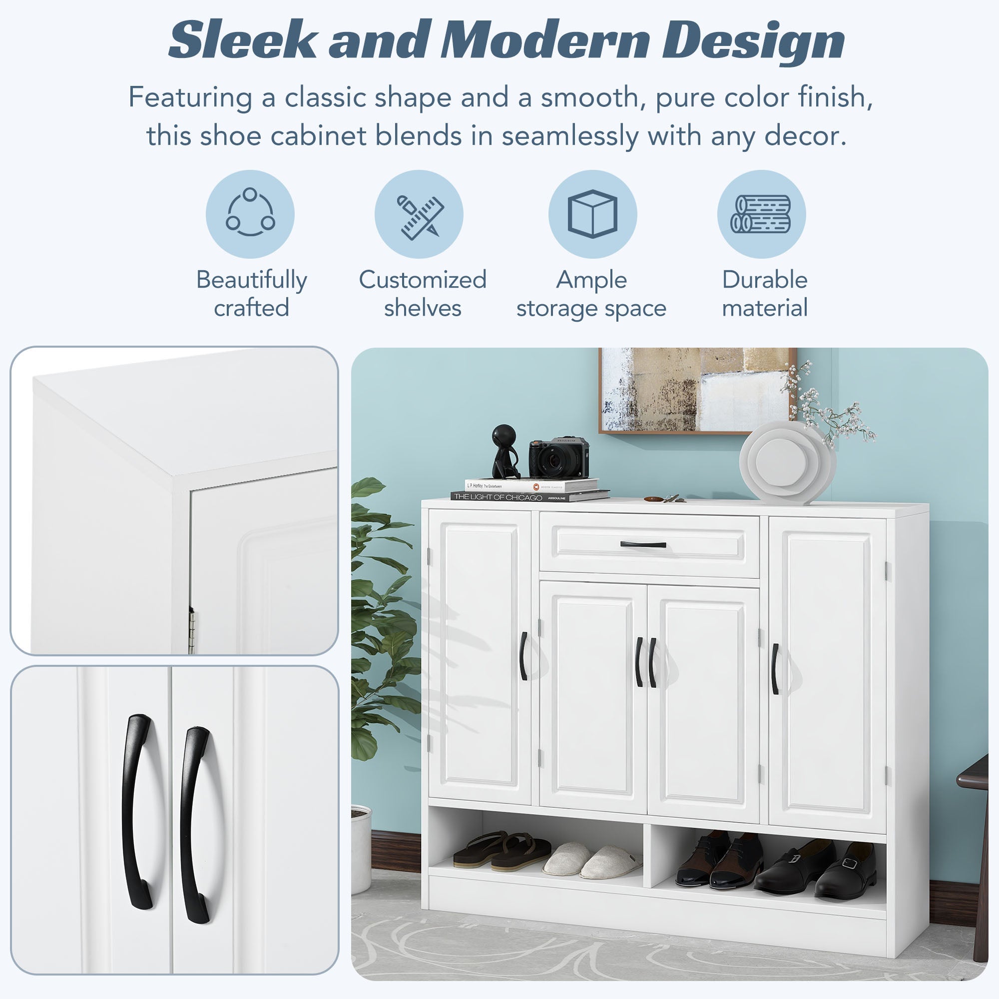 47 Inch Particle Board Modern Shoe Cabinet with Adjustable Shelves and Doors