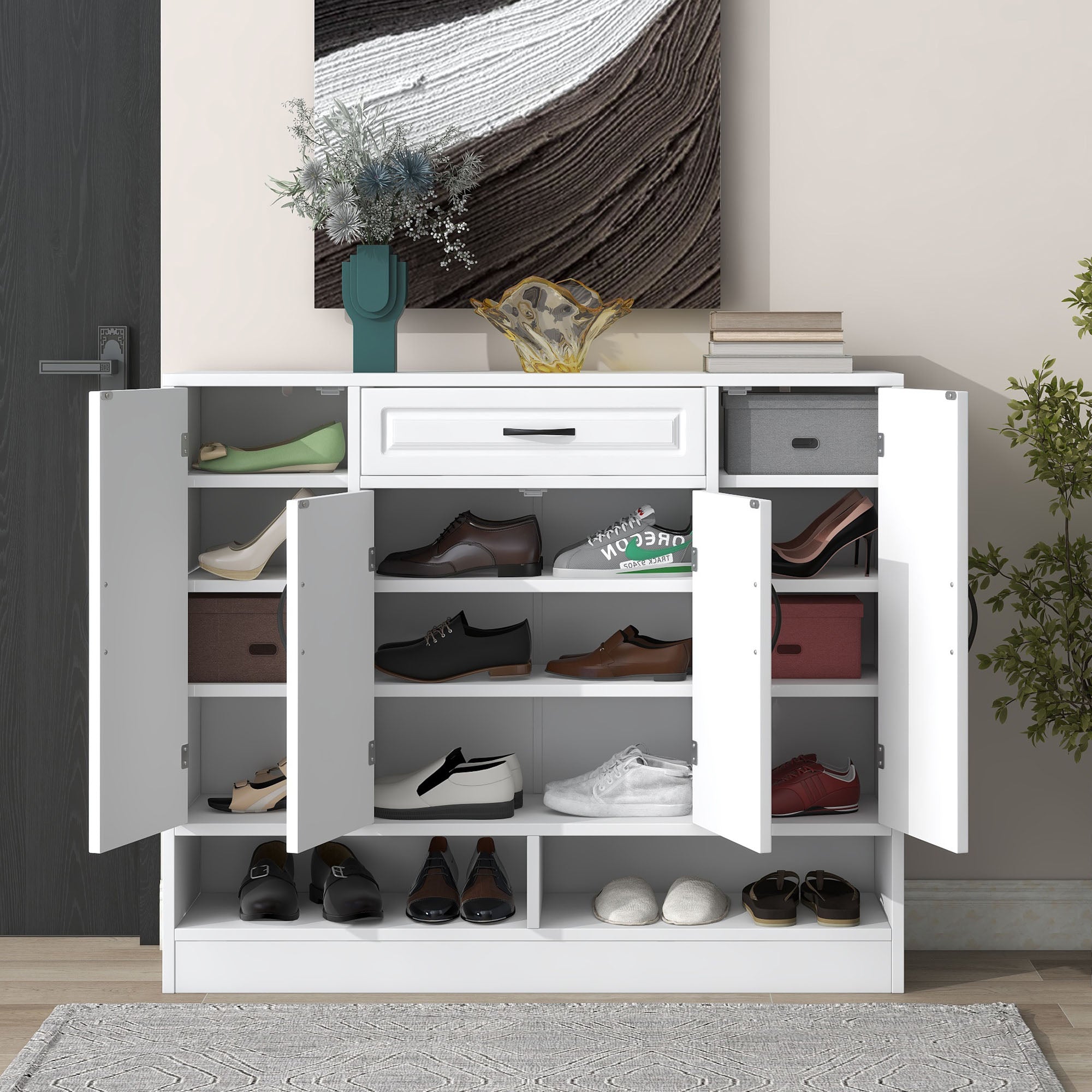 47 Inch Particle Board Modern Shoe Cabinet with Adjustable Shelves and Doors