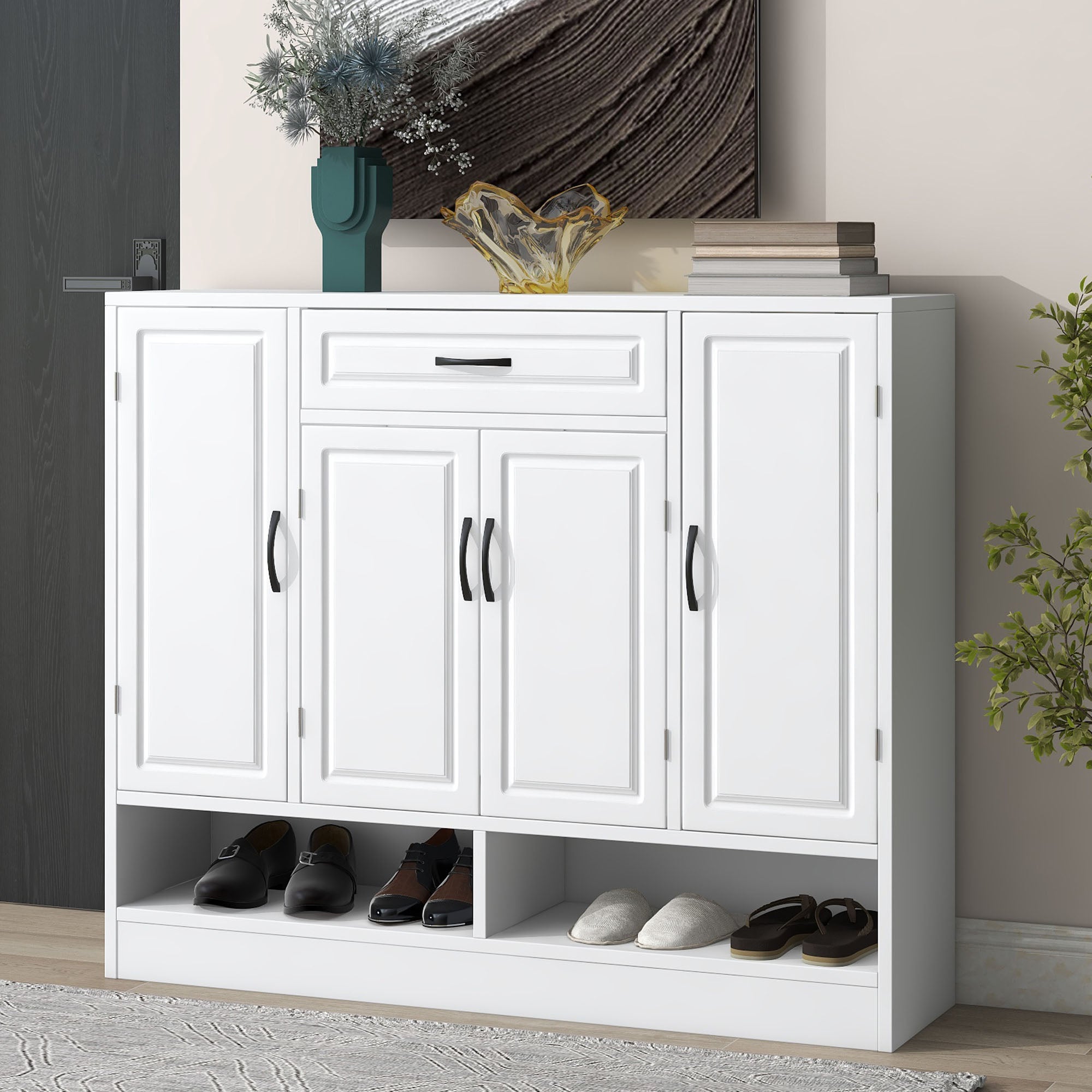 47 Inch Particle Board Modern Shoe Cabinet with Adjustable Shelves and Doors