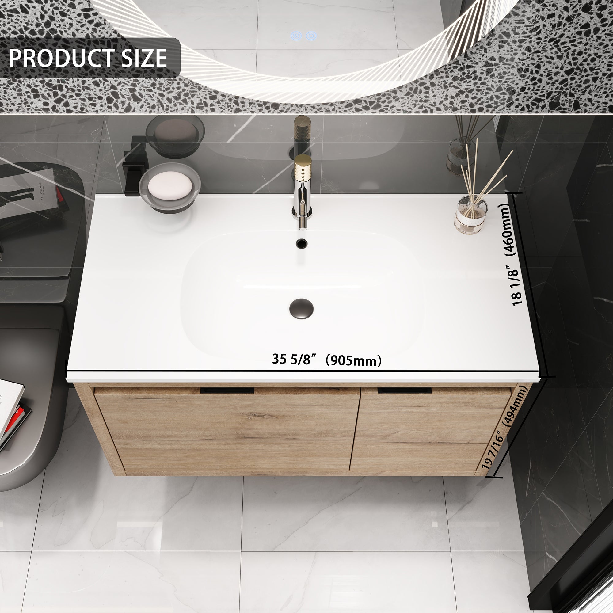 36 Inch Plywood Wall Mounted Bathroom Vanity Set with Integrated Drop-Shaped Resin Sink