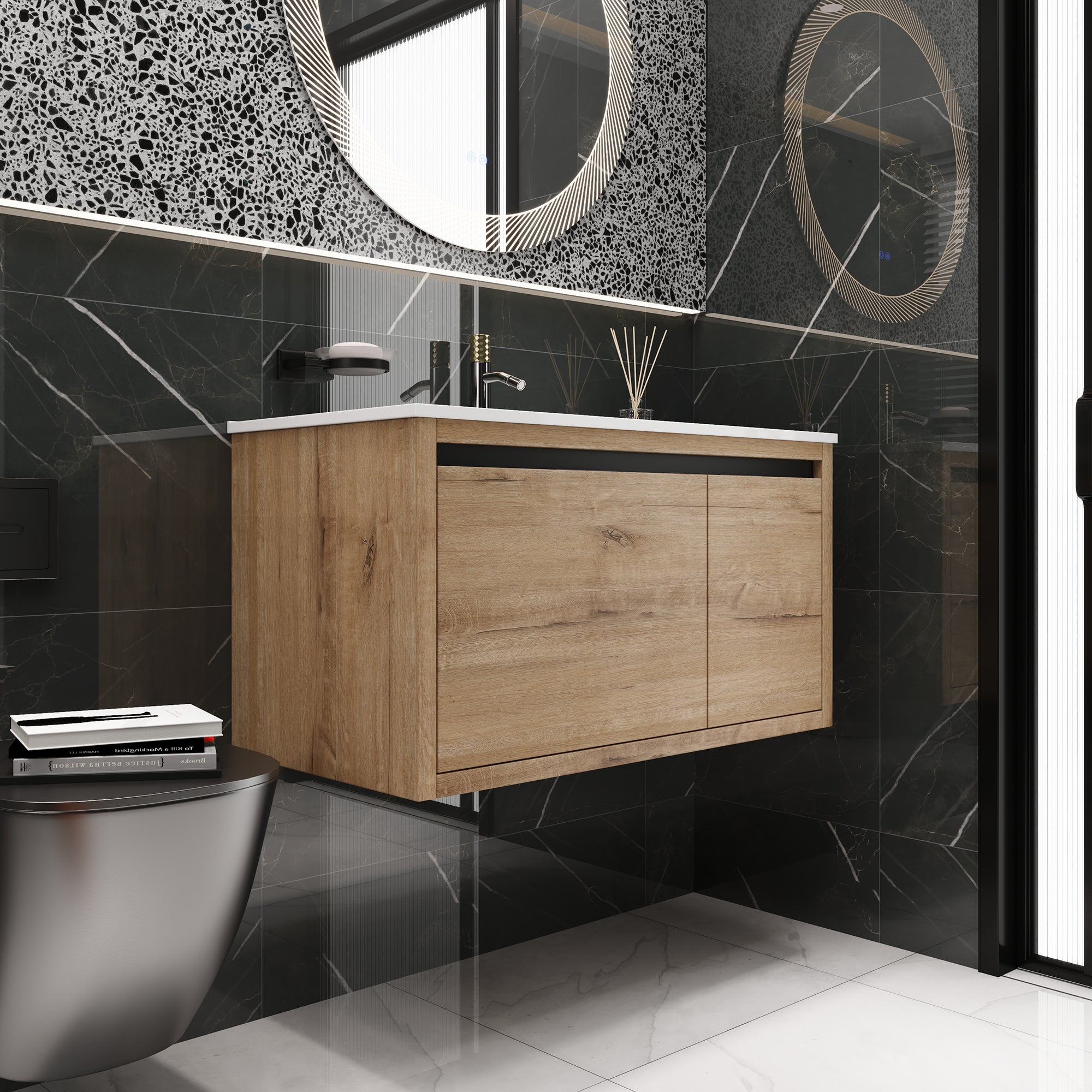 36 Inch Plywood Wall Mounted Bathroom Vanity Set with Integrated Drop-Shaped Resin Sink