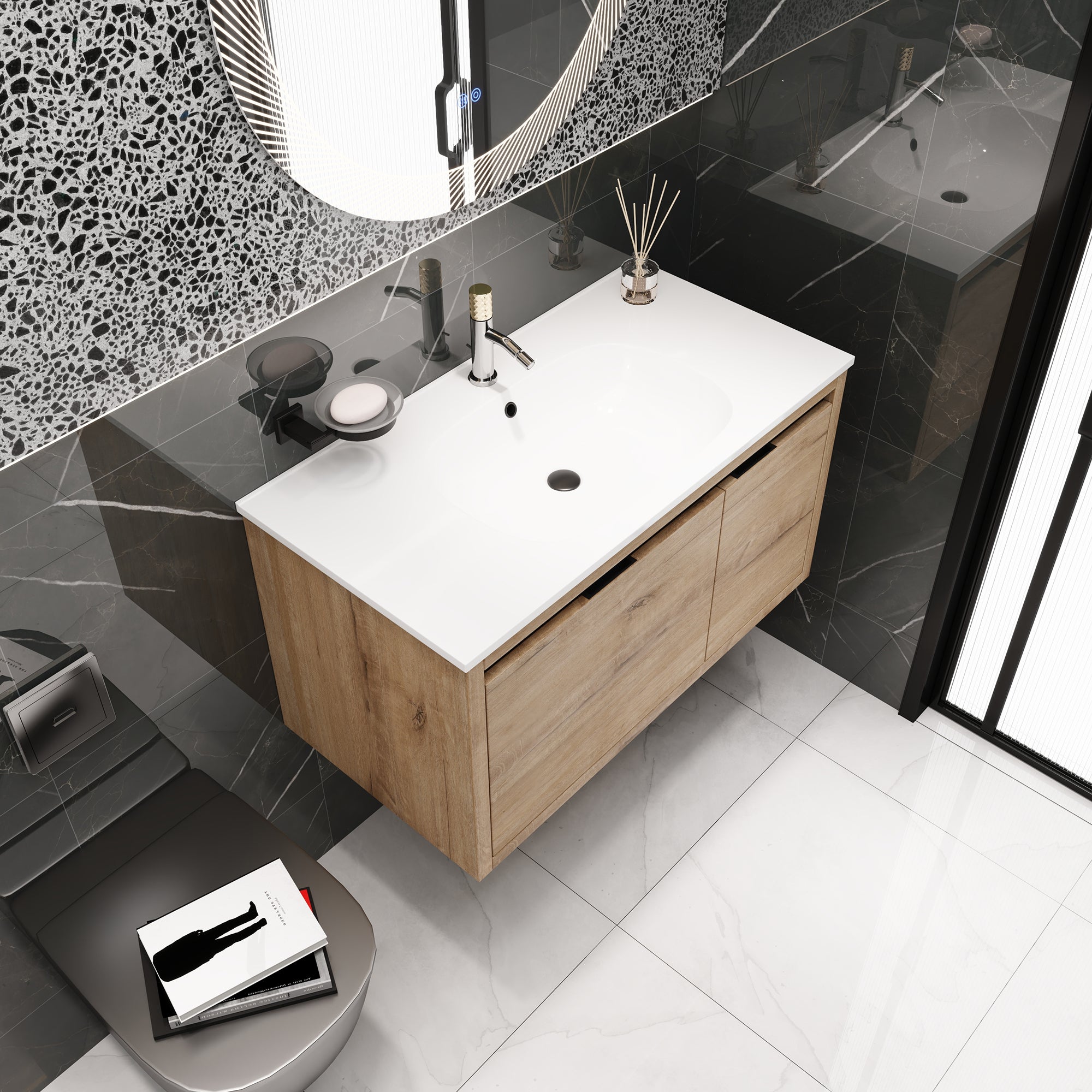 36 Inch Plywood Wall Mounted Bathroom Vanity Set with Integrated Drop-Shaped Resin Sink