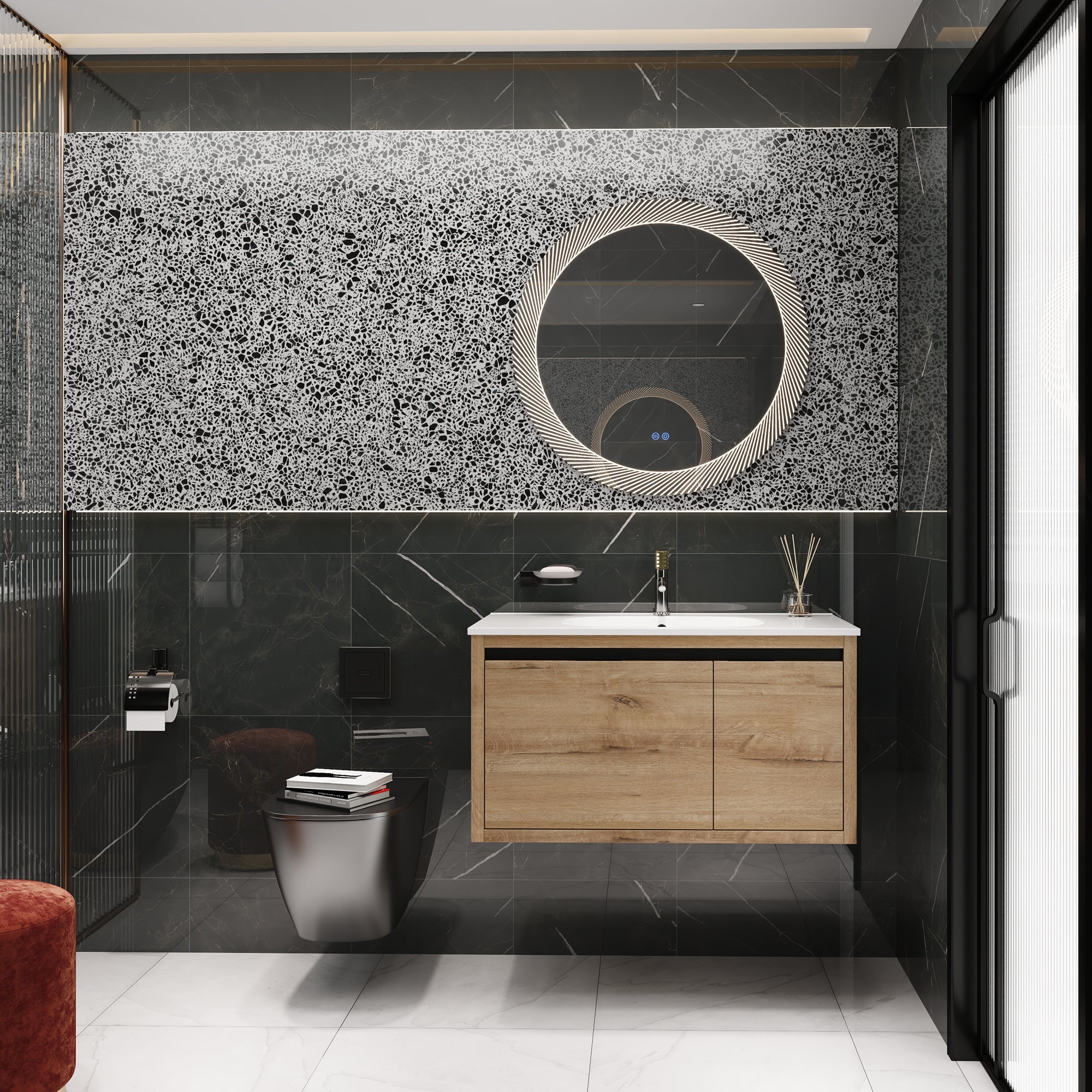 36 Inch Plywood Wall Mounted Bathroom Vanity Set with Integrated Drop-Shaped Resin Sink