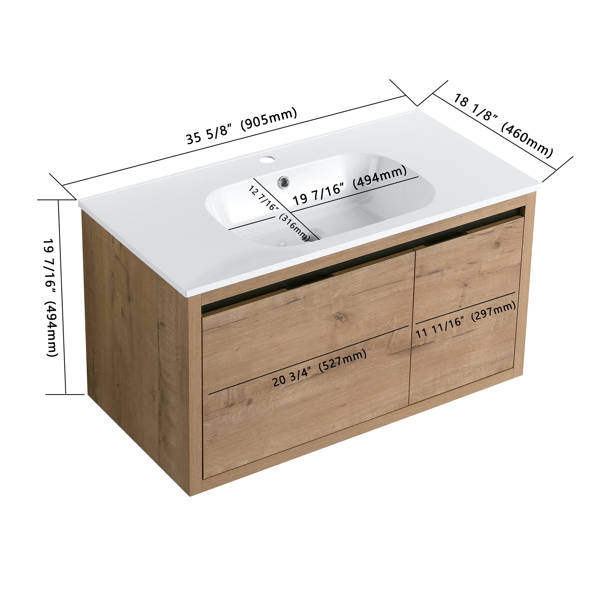 36 Inch Plywood Wall Mounted Bathroom Vanity Set with Integrated Drop-Shaped Resin Sink