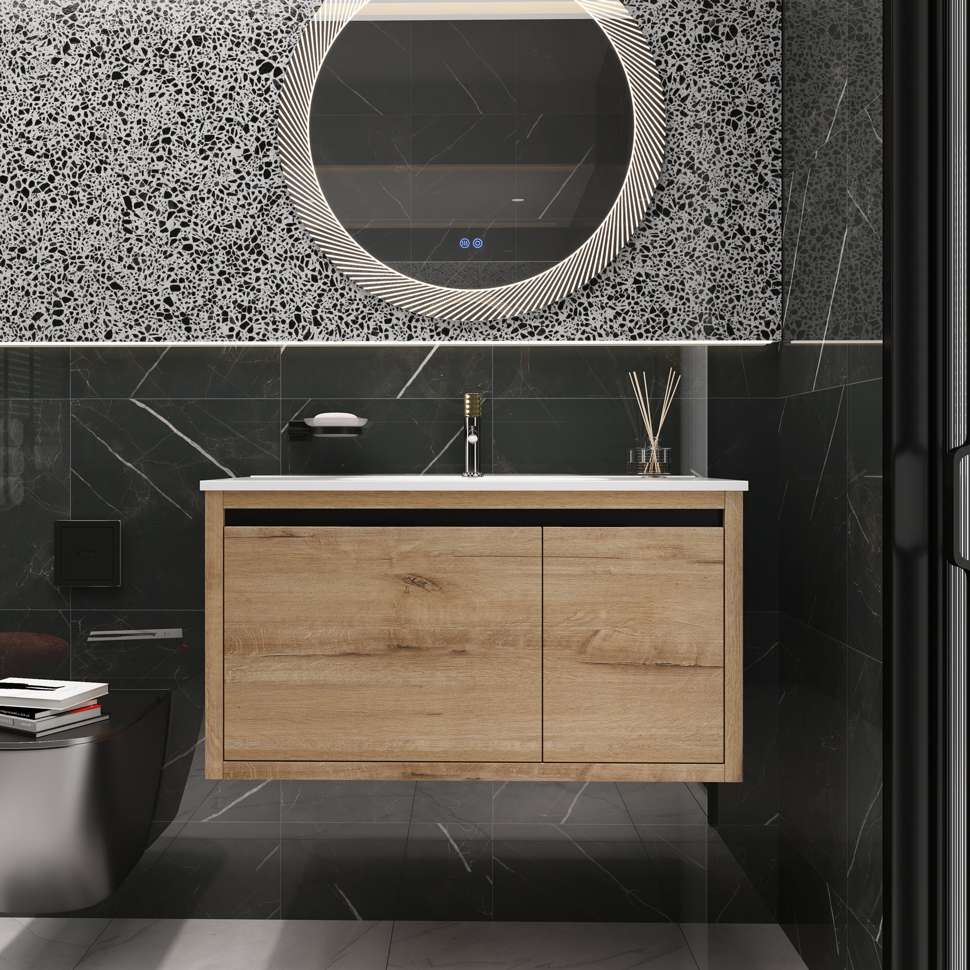 36 Inch Plywood Wall Mounted Bathroom Vanity Set with Integrated Drop-Shaped Resin Sink