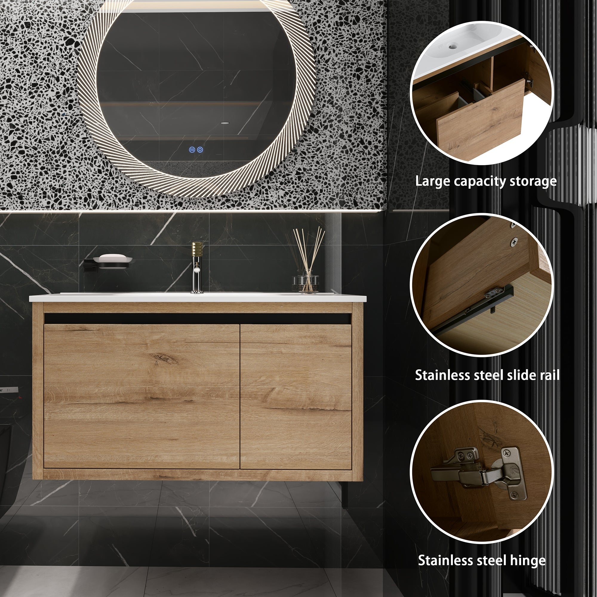 36 Inch Plywood Wall Mounted Bathroom Vanity Set with Integrated Drop-Shaped Resin Sink