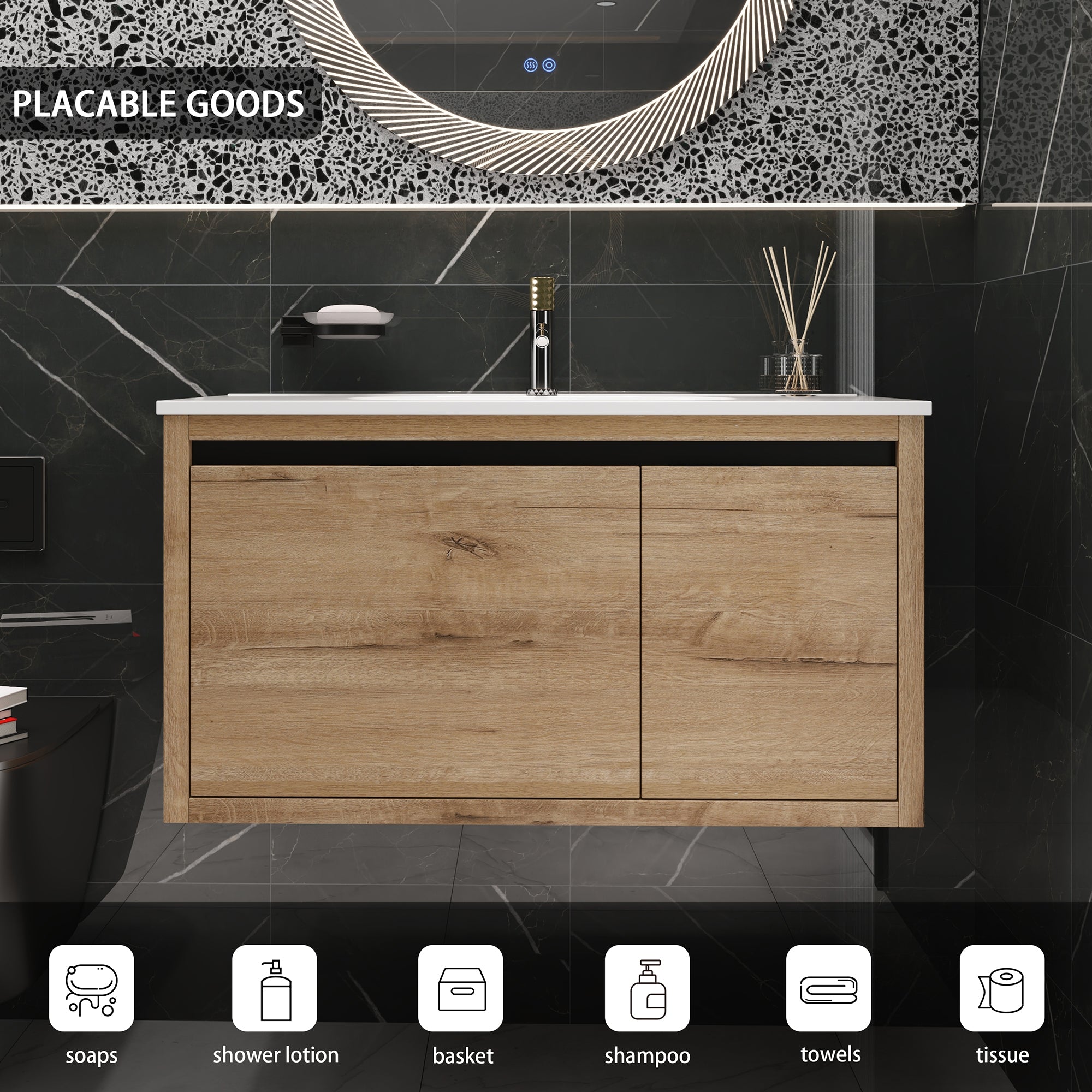 36 Inch Plywood Wall Mounted Bathroom Vanity Set with Integrated Drop-Shaped Resin Sink
