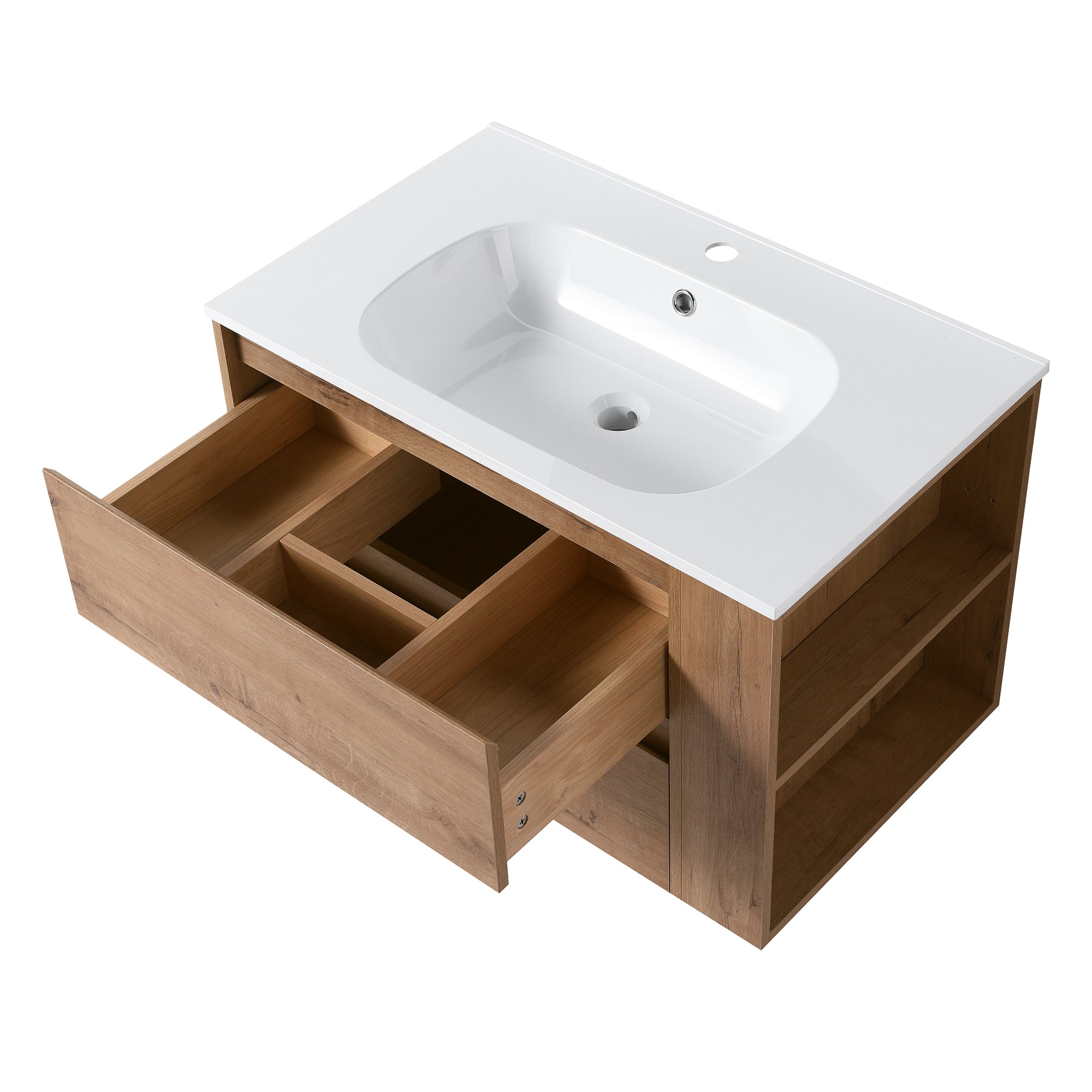 30 Inch Wall Mounted Plywood Bathroom Vanity Set with Integrated Resin Basin and Drawer