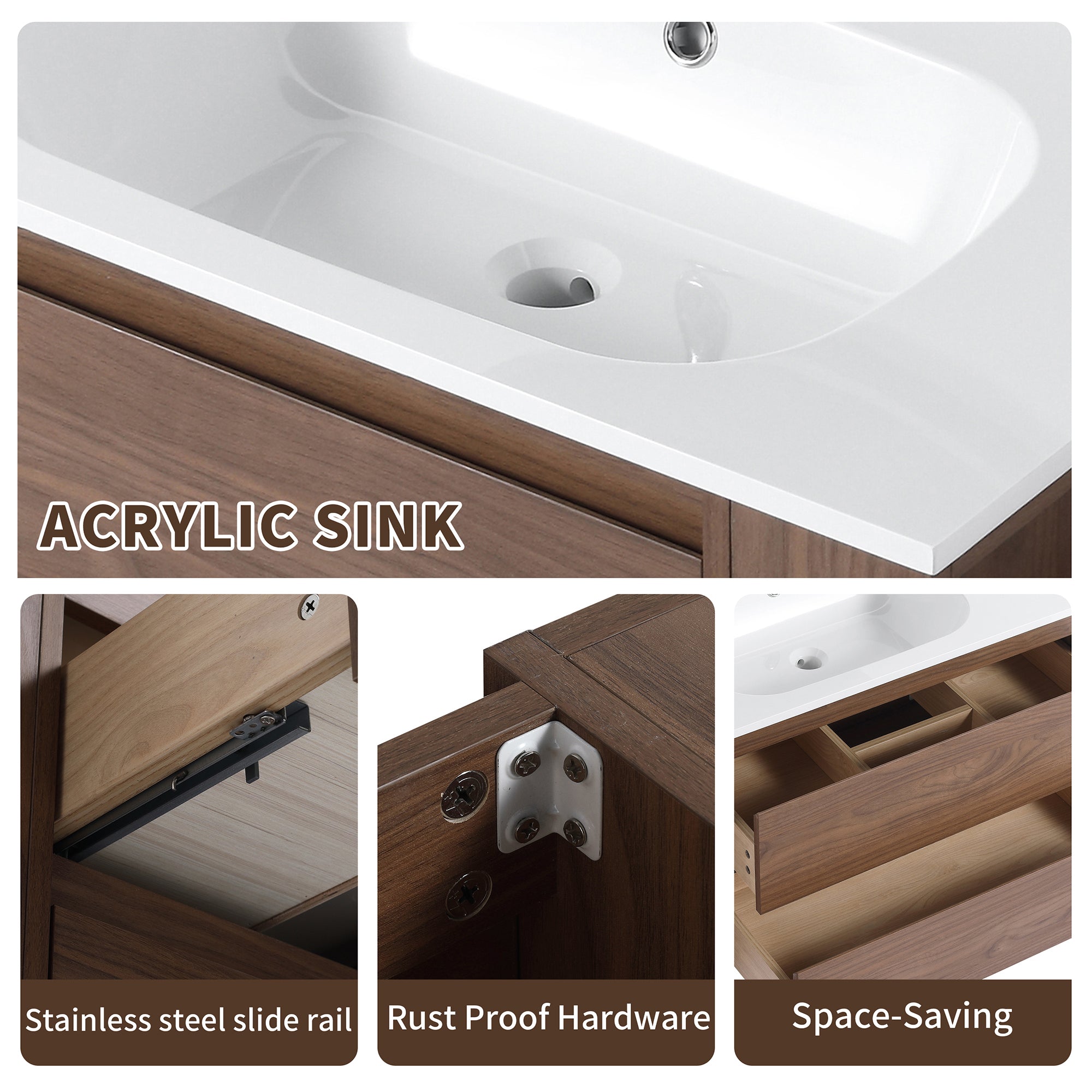 30 Inch Wall Mounted Plywood Bathroom Vanity Set with Integrated Resin Basin and Drawer