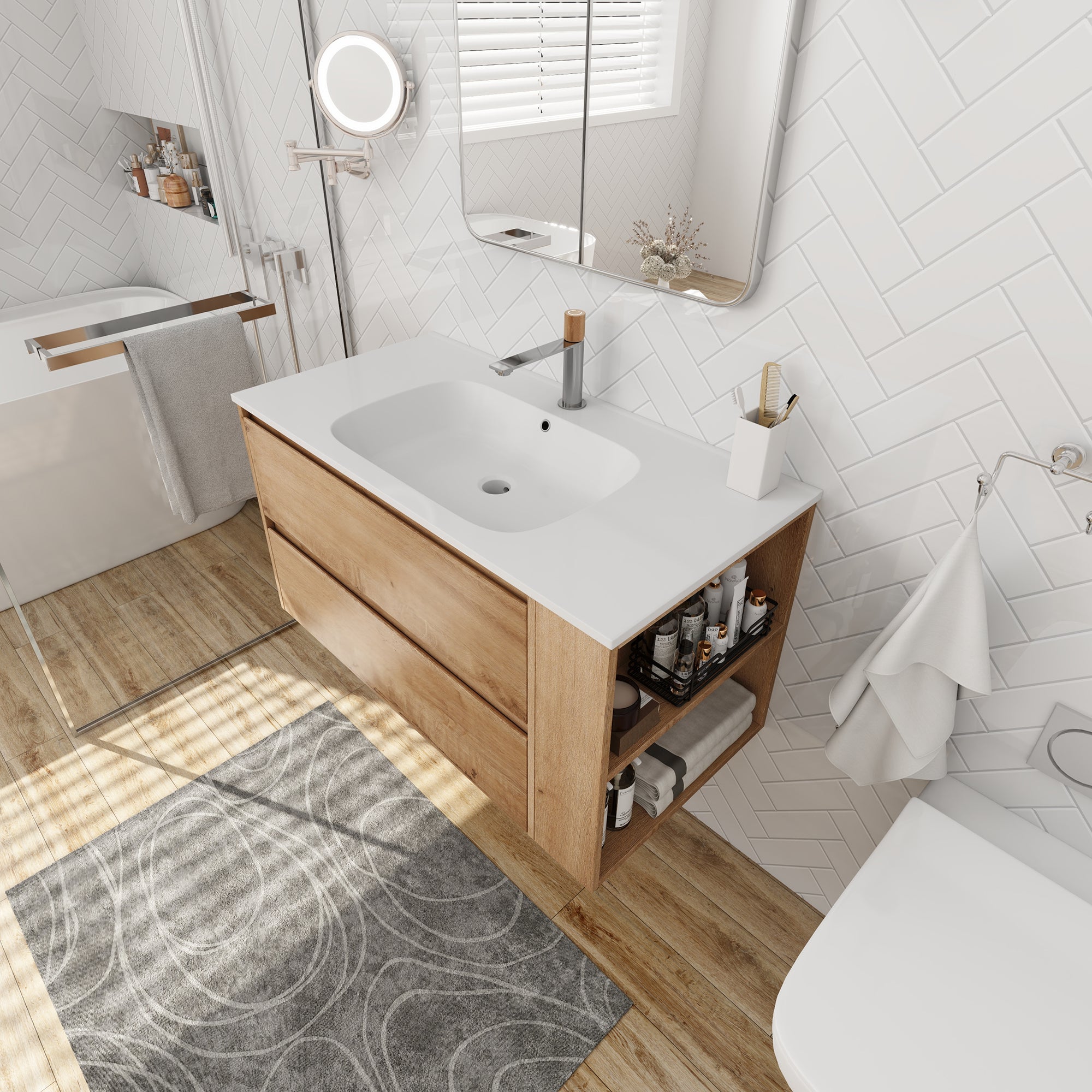 36 Inch Plywood Wall Mounted Bathroom Vanity Set with Integrated Gel Basin