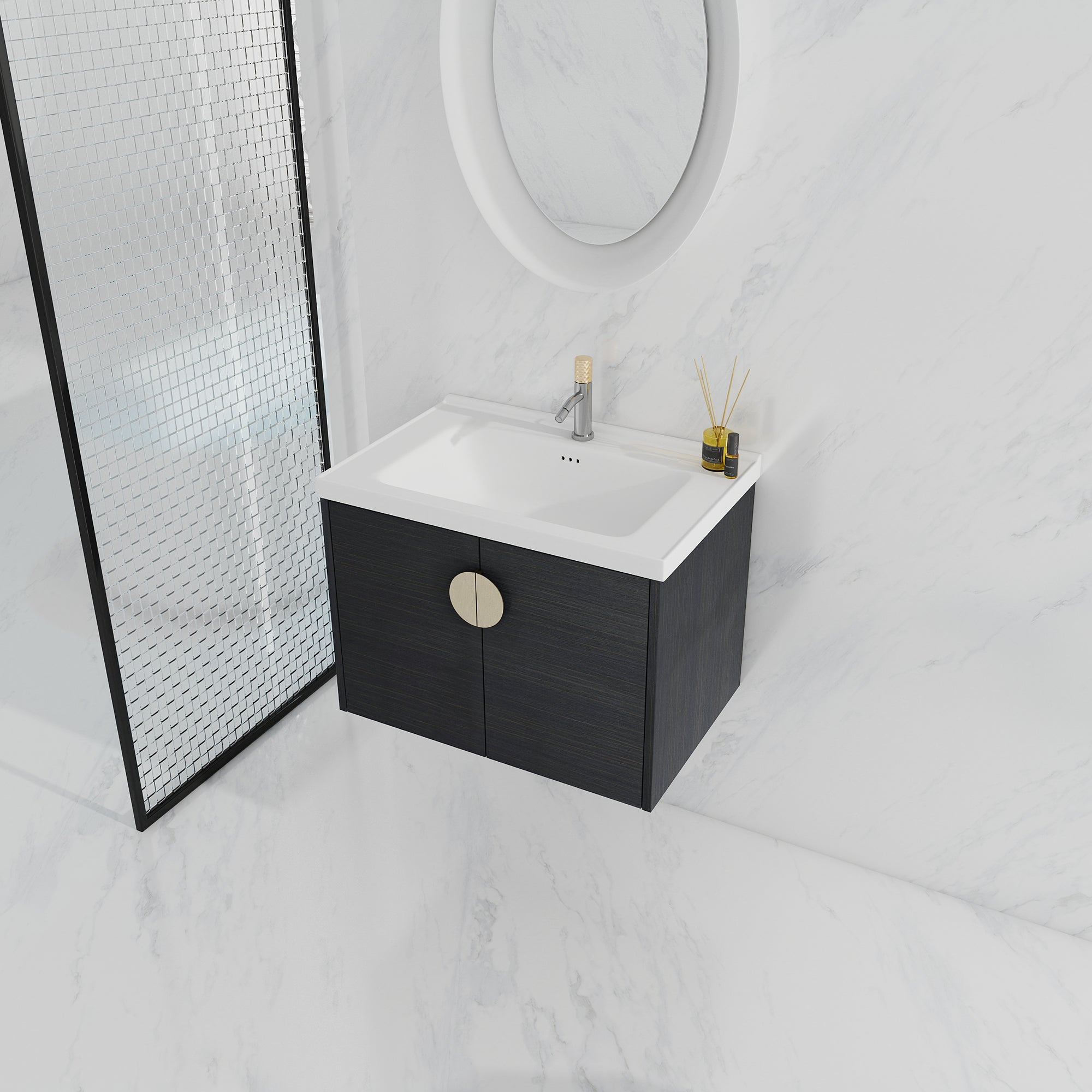 36 Inch Plywood Wall Mounted Bathroom Vanity Set with Integrated Drop-Shaped Resin Sink