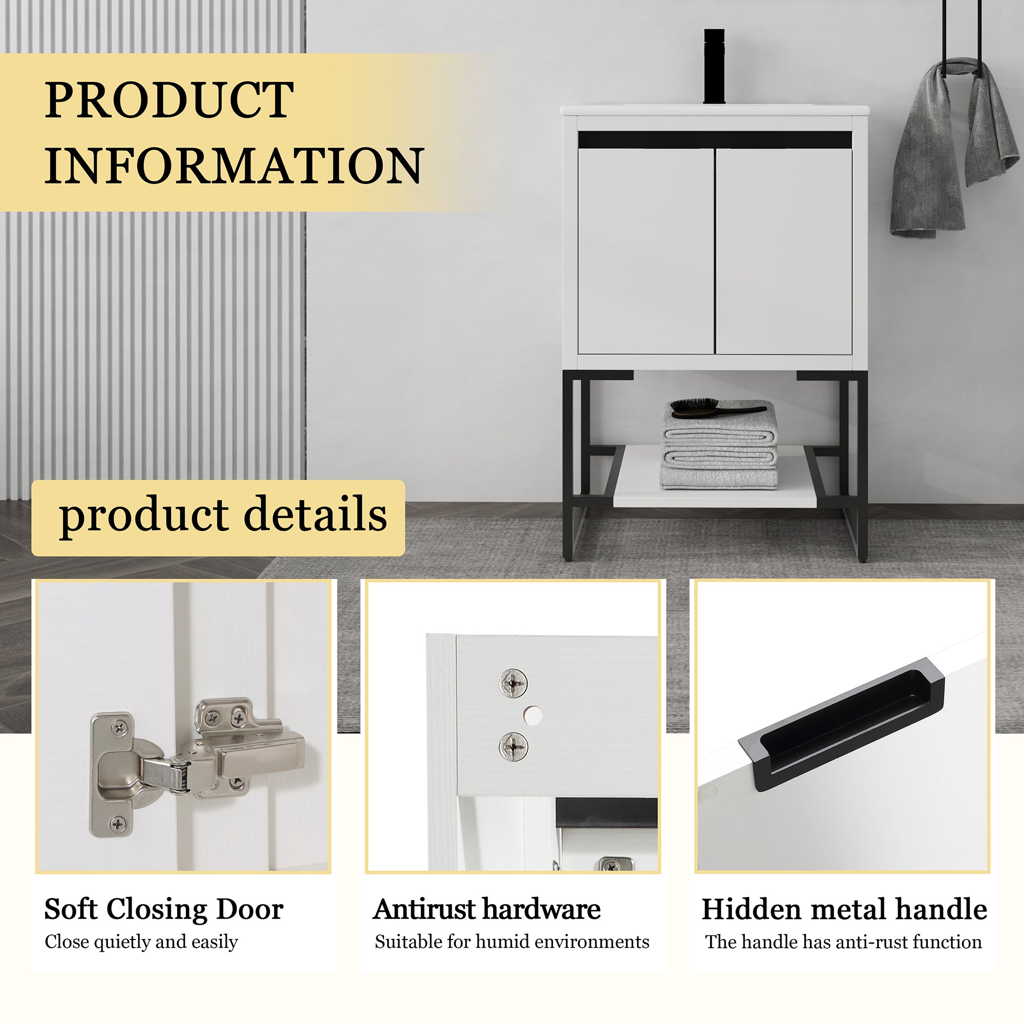 24 Inch Plywood Freestanding Bathroom Vanity Set with Integrated Resin Basin and Open Shelf