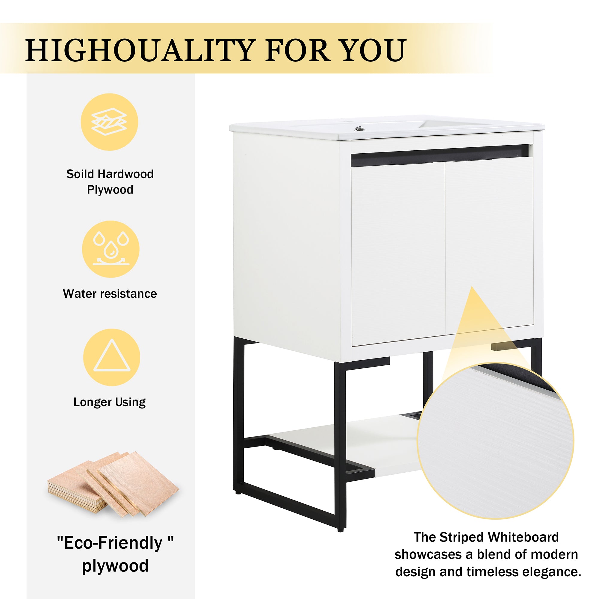 24 Inch Plywood Freestanding Bathroom Vanity Set with Integrated Resin Basin and Open Shelf