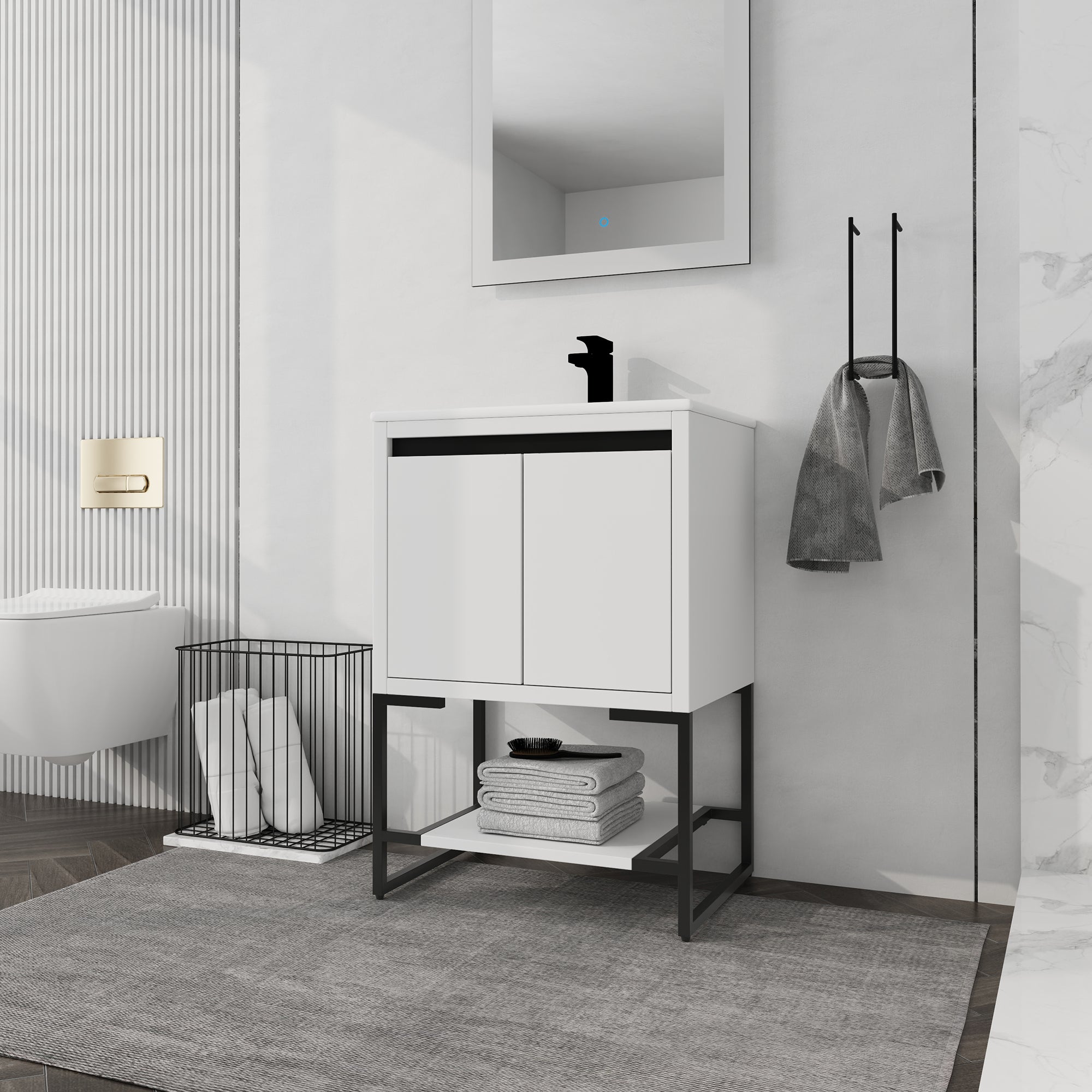 24 Inch Plywood Freestanding Bathroom Vanity Set with Integrated Resin Basin and Open Shelf