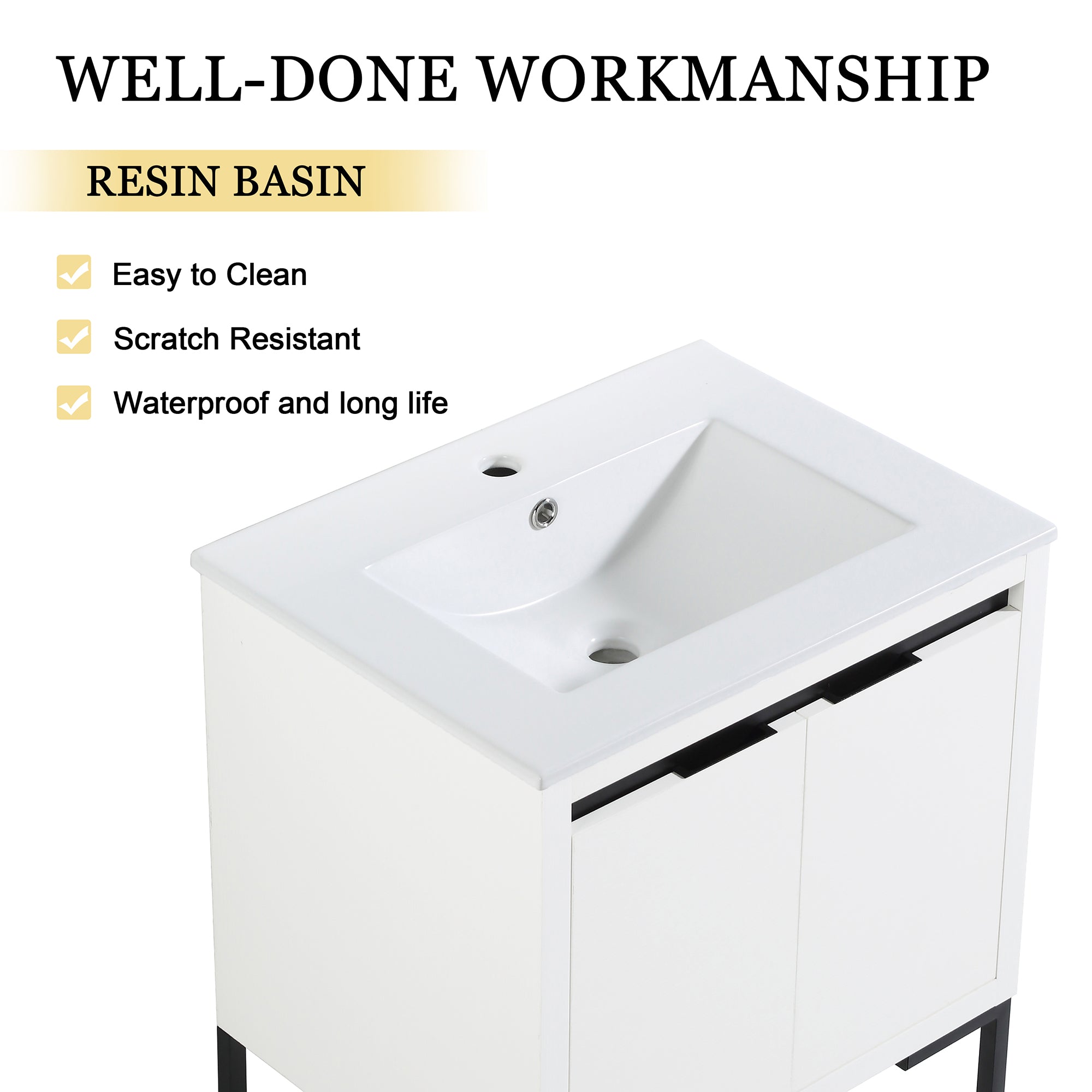 24 Inch Plywood Freestanding Bathroom Vanity Set with Integrated Resin Basin and Open Shelf