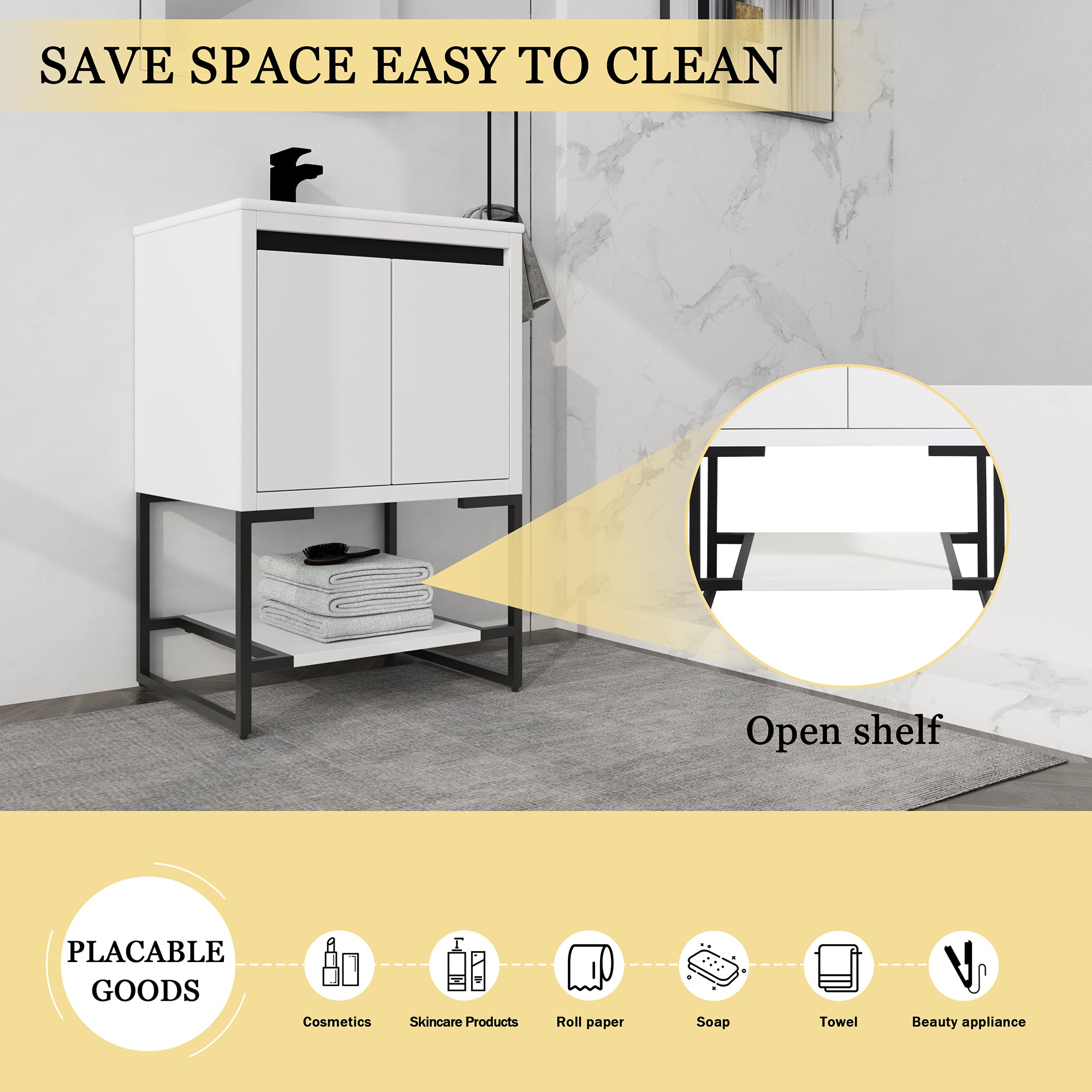 24 Inch Plywood Freestanding Bathroom Vanity Set with Integrated Resin Basin and Open Shelf