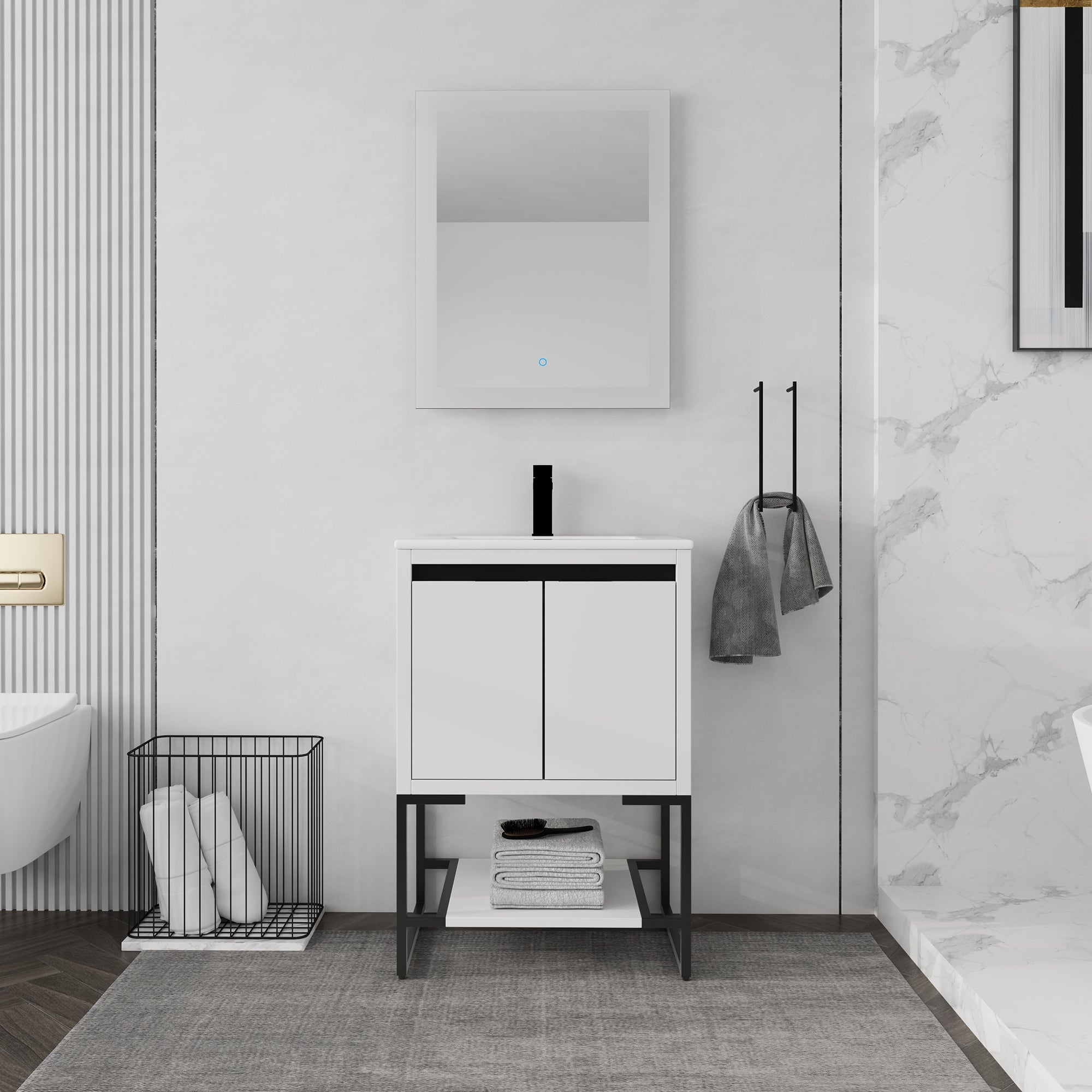 24 Inch Plywood Freestanding Bathroom Vanity Set with Integrated Resin Basin and Open Shelf