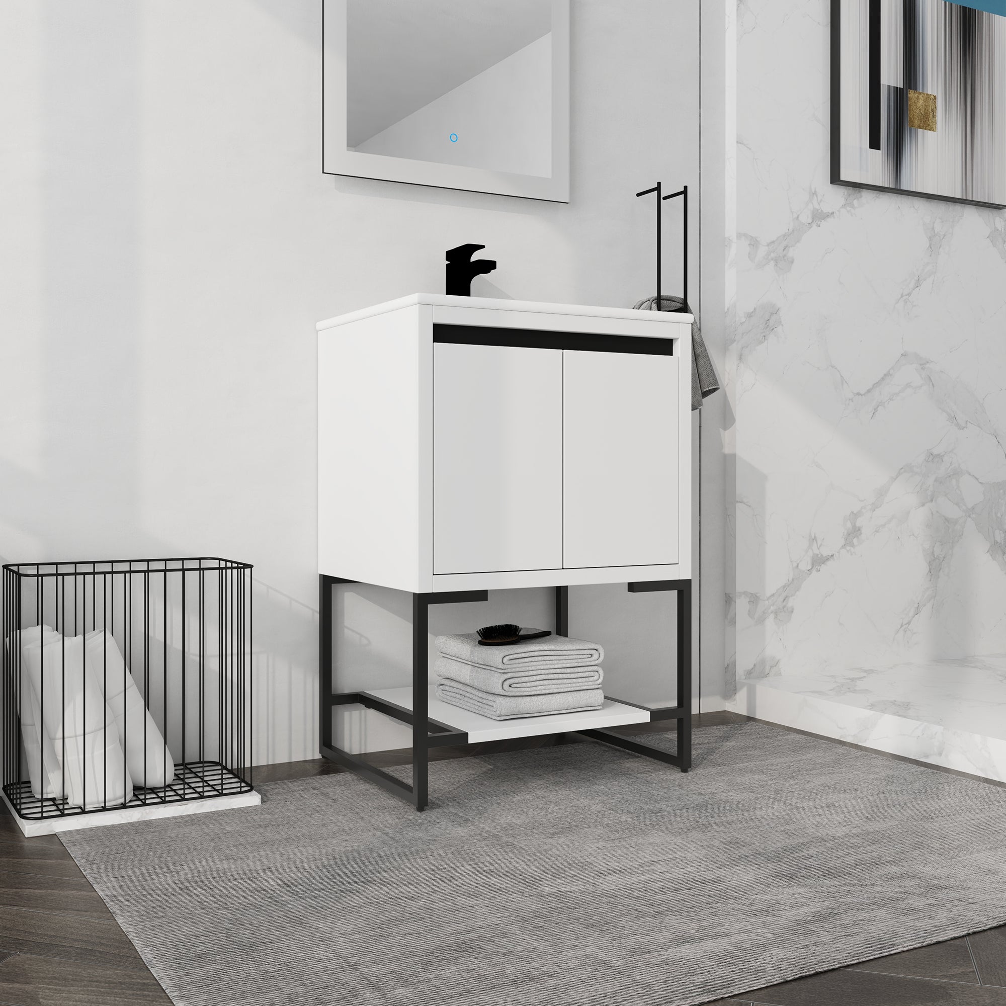 24 Inch Plywood Freestanding Bathroom Vanity Set with Integrated Resin Basin and Open Shelf