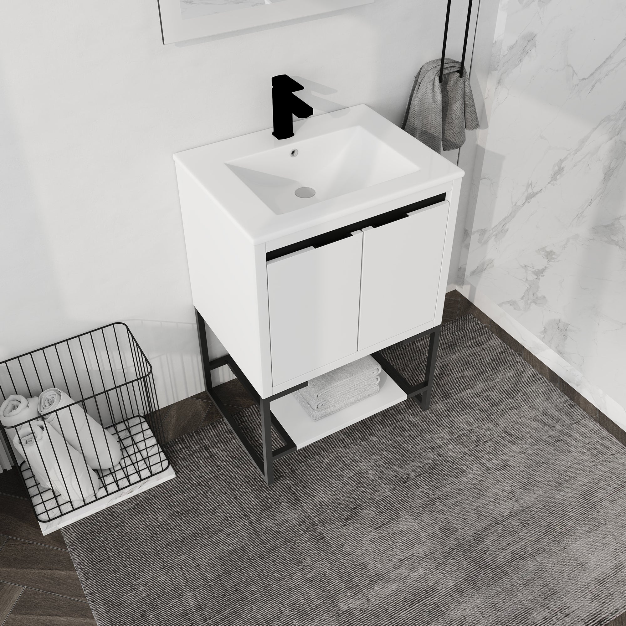 24 Inch Plywood Freestanding Bathroom Vanity Set with Integrated Resin Basin and Open Shelf